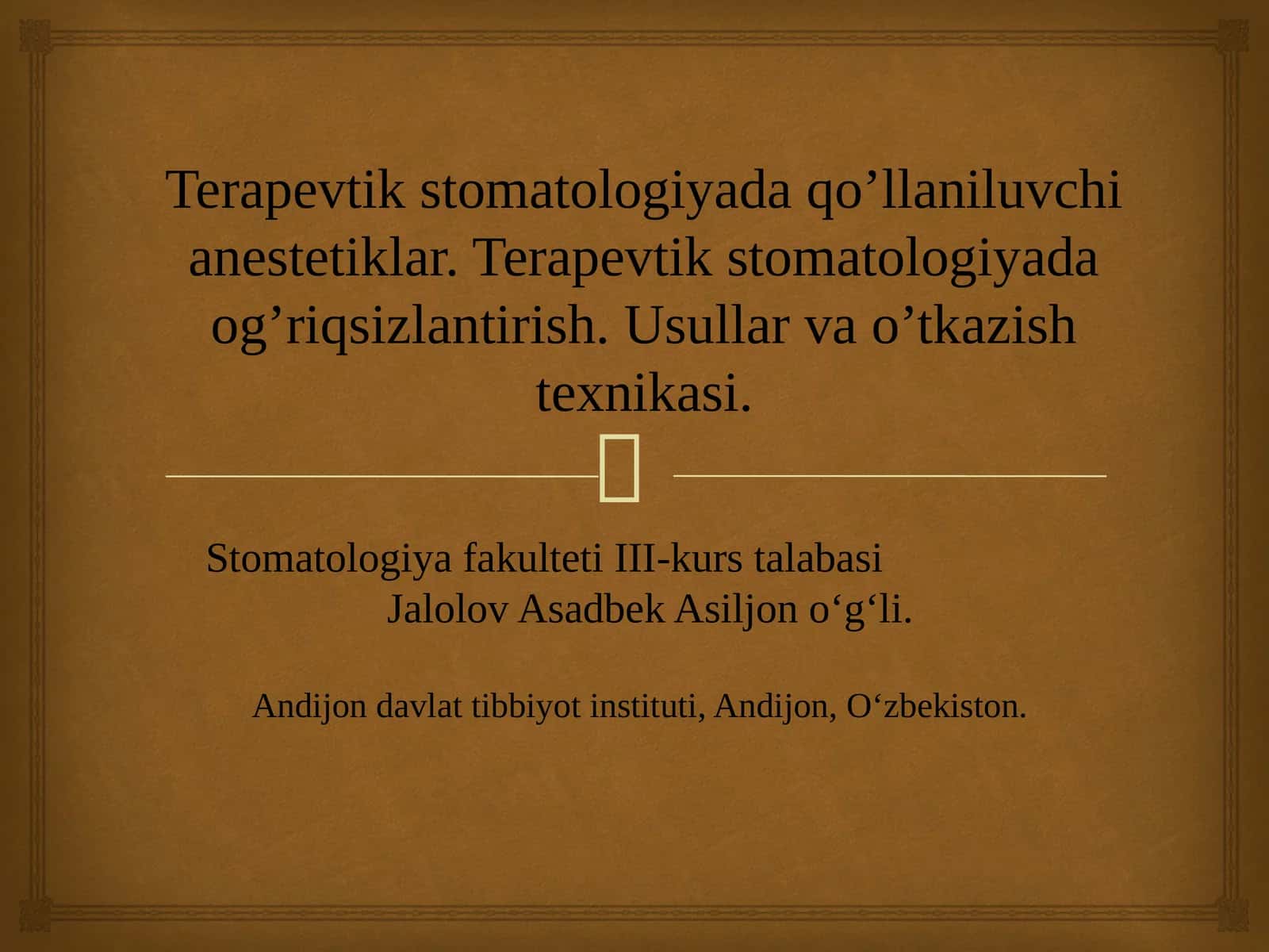 Terapevtik stomatologiyada qo’llaniluvchi anestetiklar. Terapevtik stomatologiyada og’riqsizlantirish. Usullar va o’tkazish texnikasi.