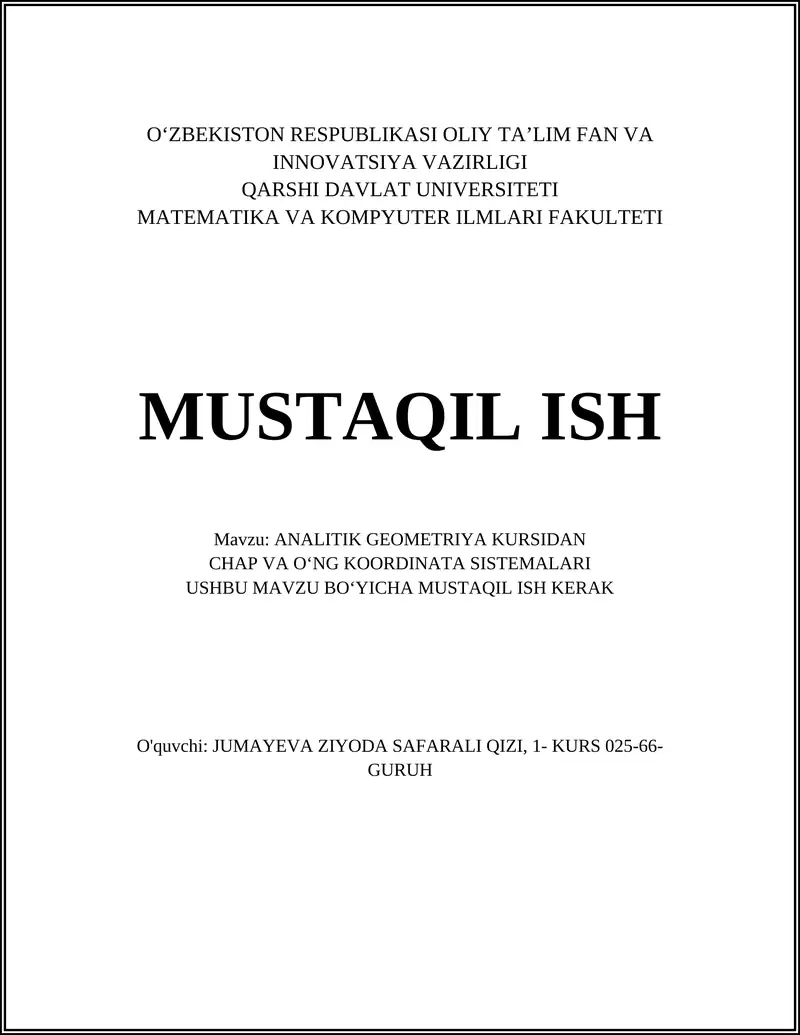 ANALITIK GEOMETRIYA KURSIDAN CHAP VA OʻNG KOORDINATA SISTEMALARI