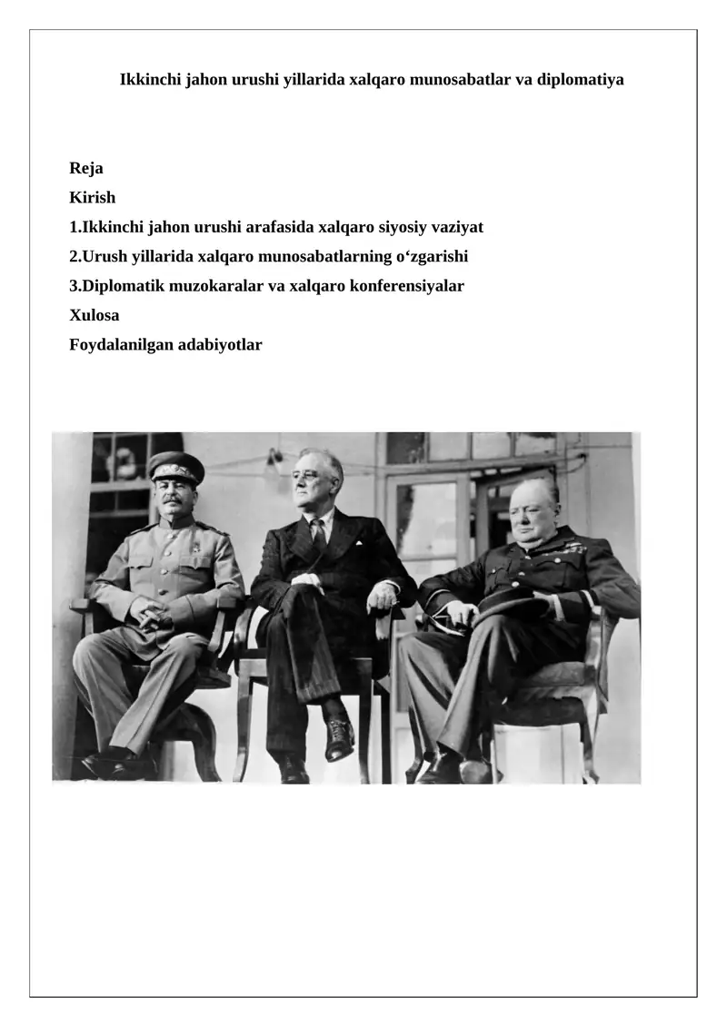 Ikkinchi jahon urushi yillarida xalqaro munosabatlar va diplomatiya