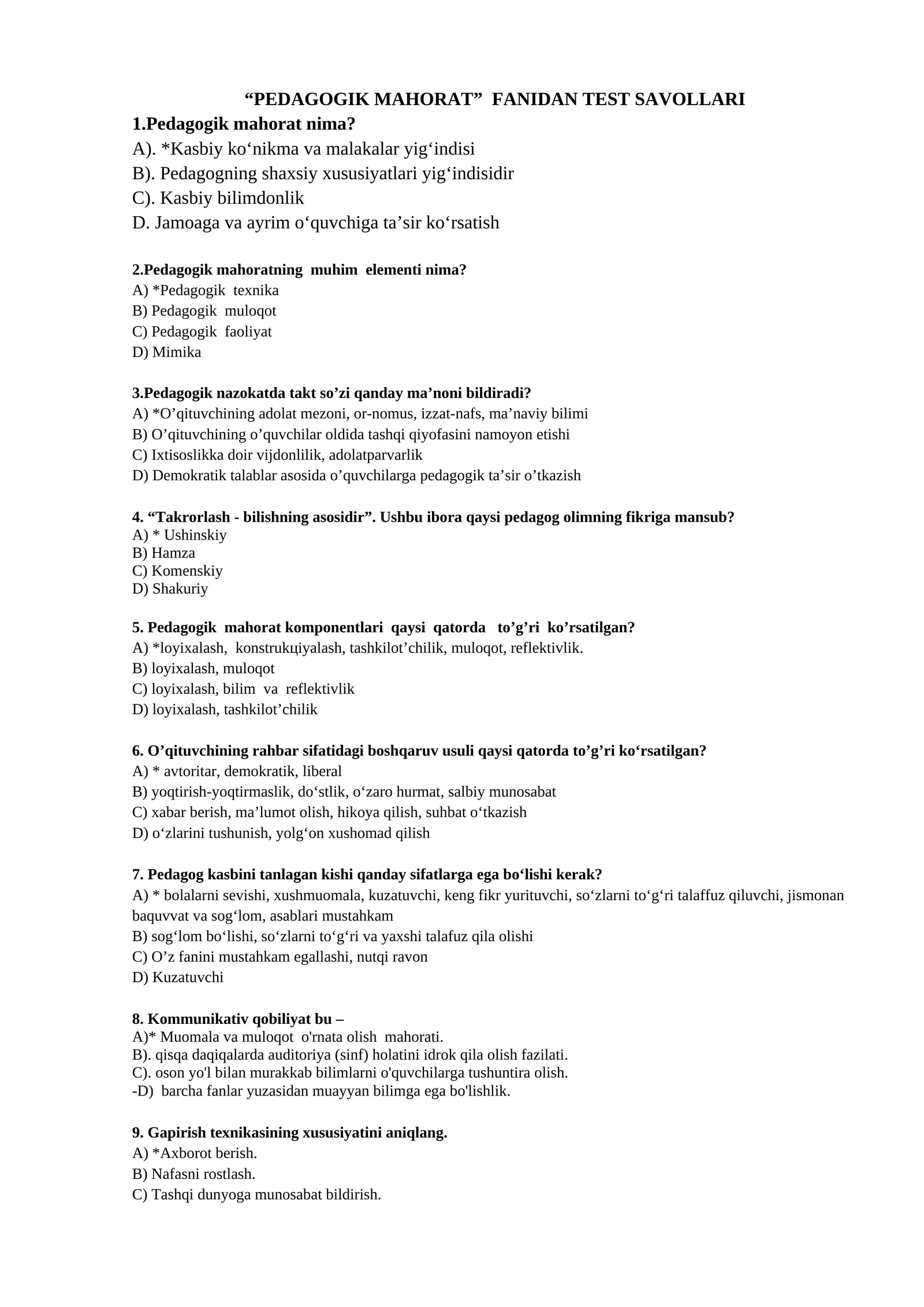 PEDAGOGIK MAHORAT FANIDAN TEST SAVOLLARI