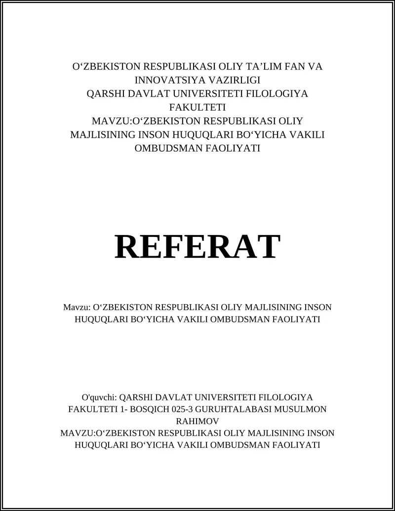 Oʻzbekiston Respublikasi Oliy Majlisining Inson Huquqlari boʻyicha Vakili Ombudsman Faoliyati