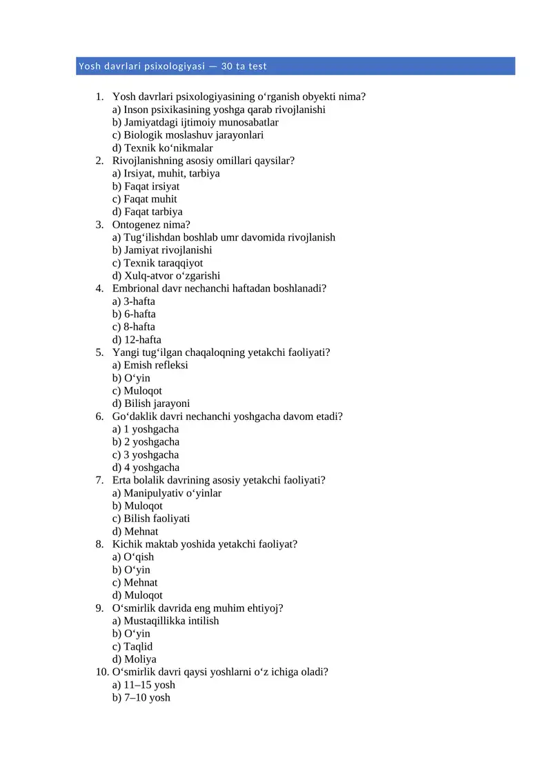 Yosh davrlari psixologiyasi — 30 ta test