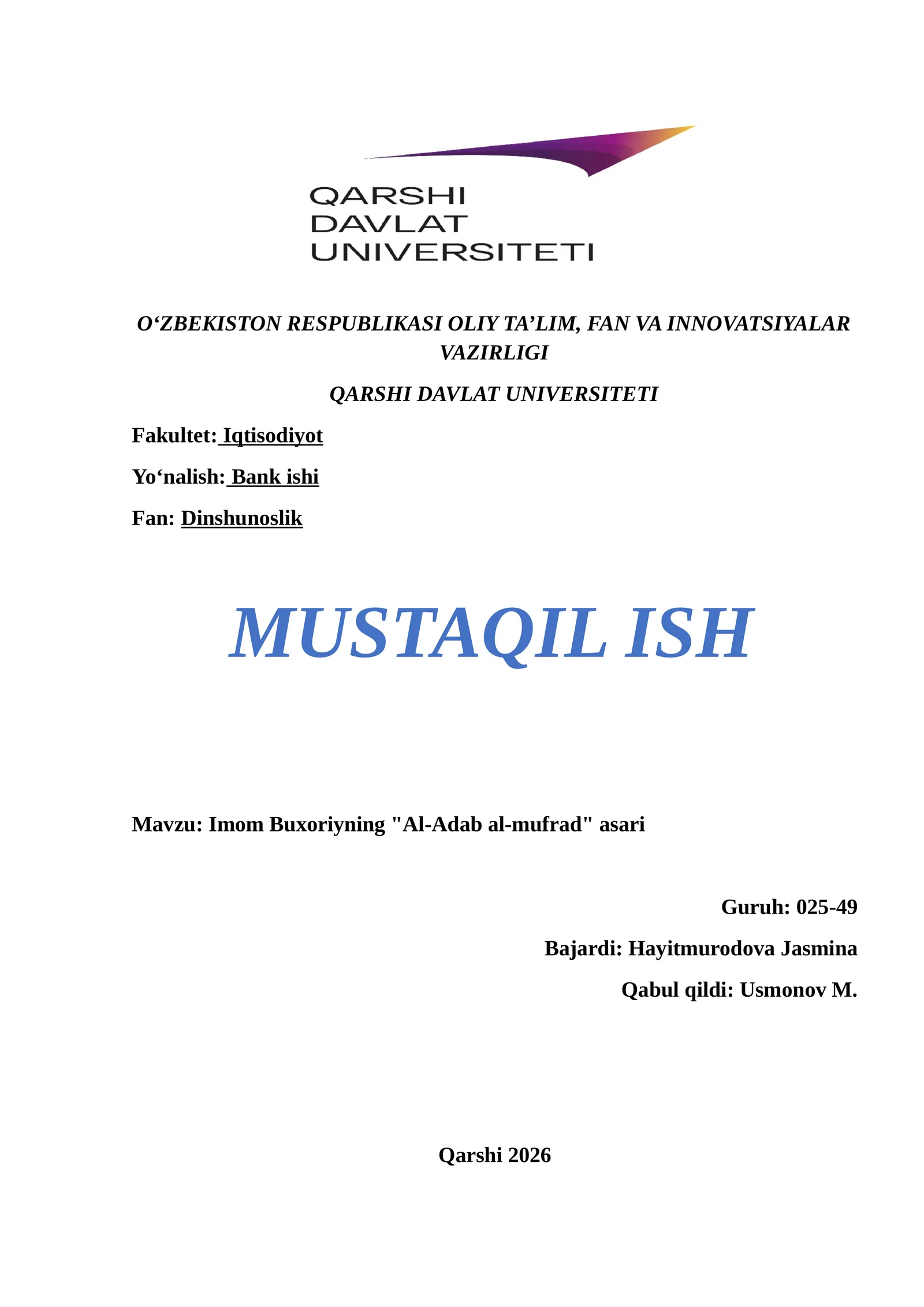Imom Buxoriyning "Al-Adab al-mufrad" asari