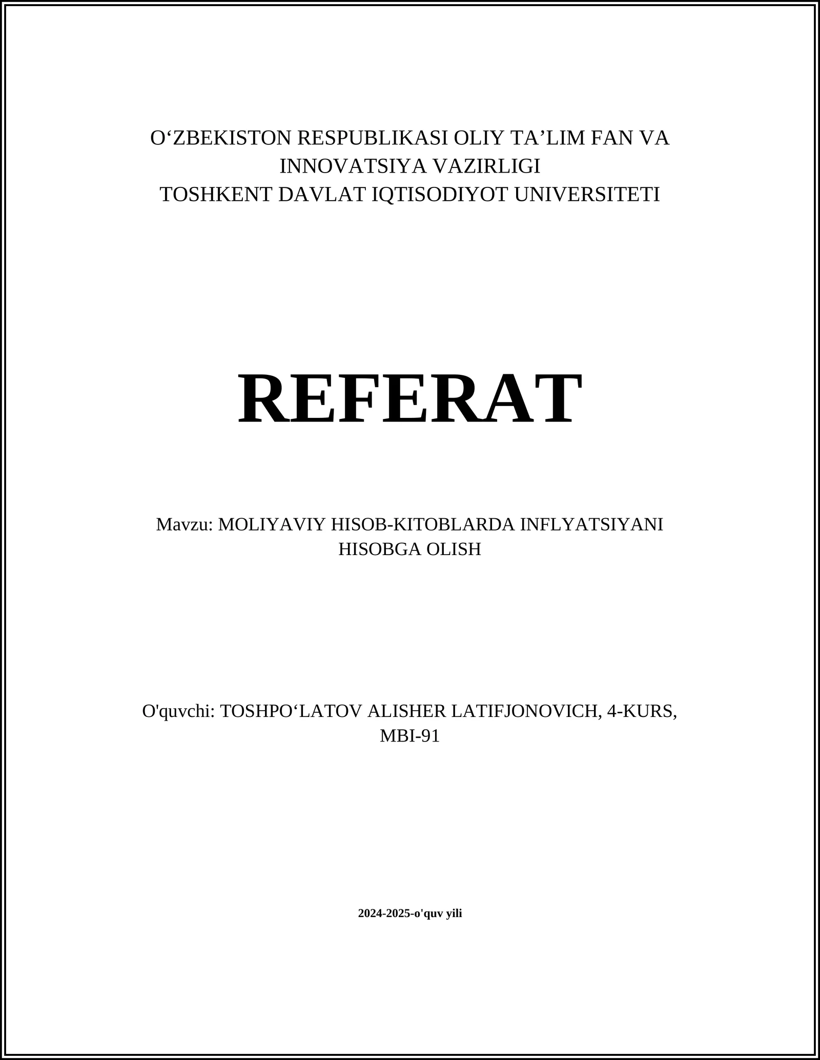 MOLIYAVIY HISOB-KITOBLARDA INFLYATSIYANI HISOBGA OLISH