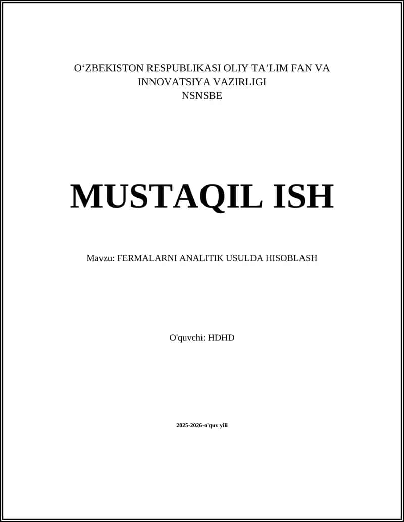 FERMALARNI ANALITIK USULDA HISOBLASH