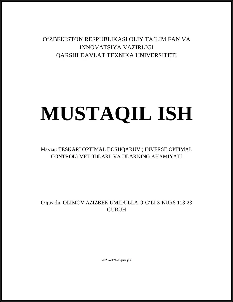 Teskari optimal boshqaruv ( INVERSE OPTIMAL CONTROL) METODLARI VA ULARNING AHAMIYATI