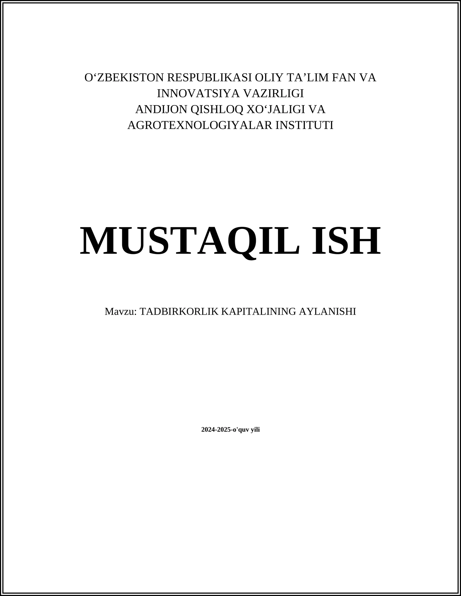 TADBIRKORLIK KAPITALINING AYLANISHI