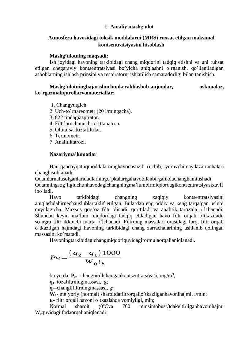 Atmosfera havosidagi toksik moddalarni (MRS) ruxsat etilgan maksimal kontsentratsiyasini hisoblash