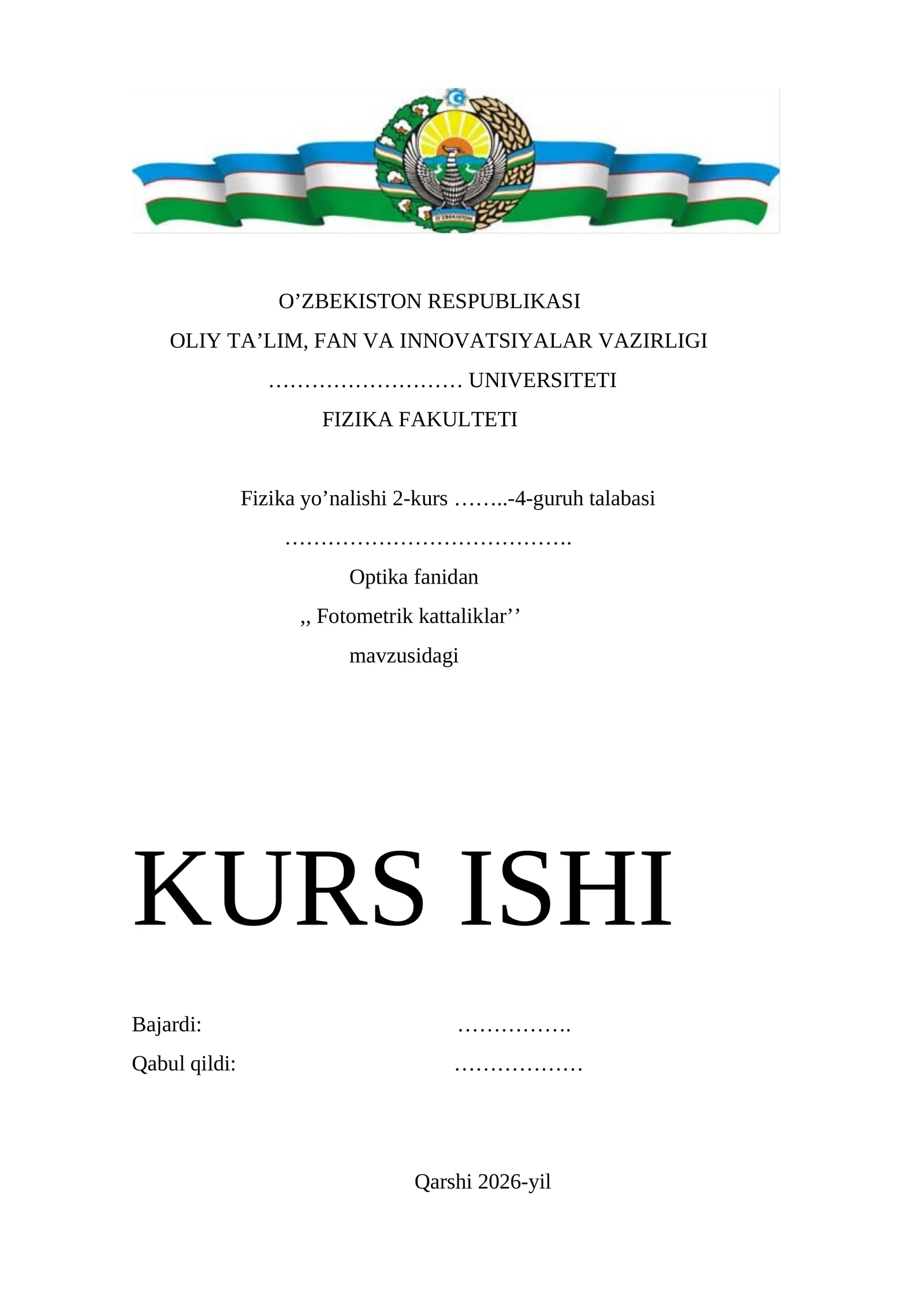 Fotometrik kattaliklar mavzusida tayyor kurs ishi