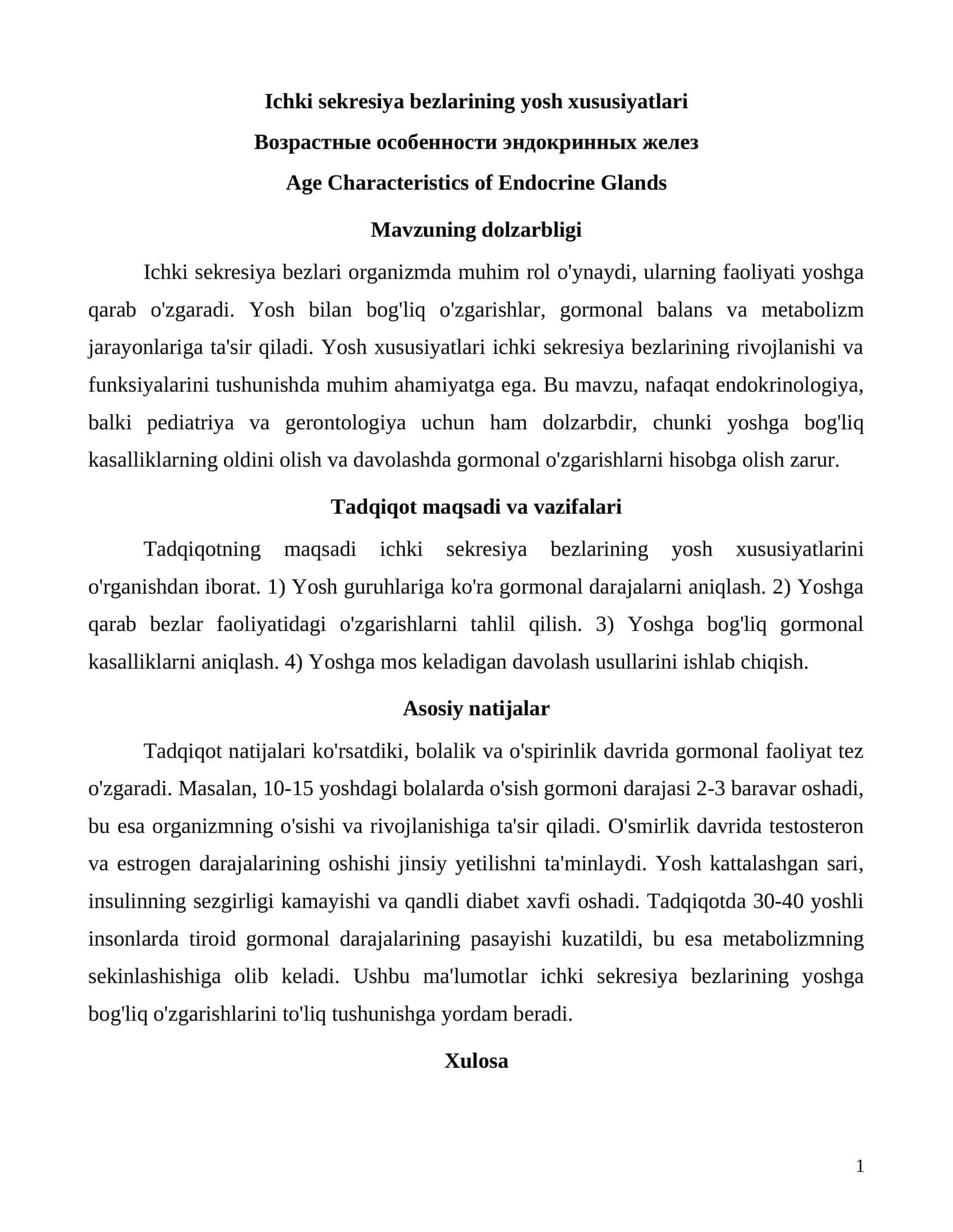 Ichki sekresiya bezlarining yosh xususiyatlari