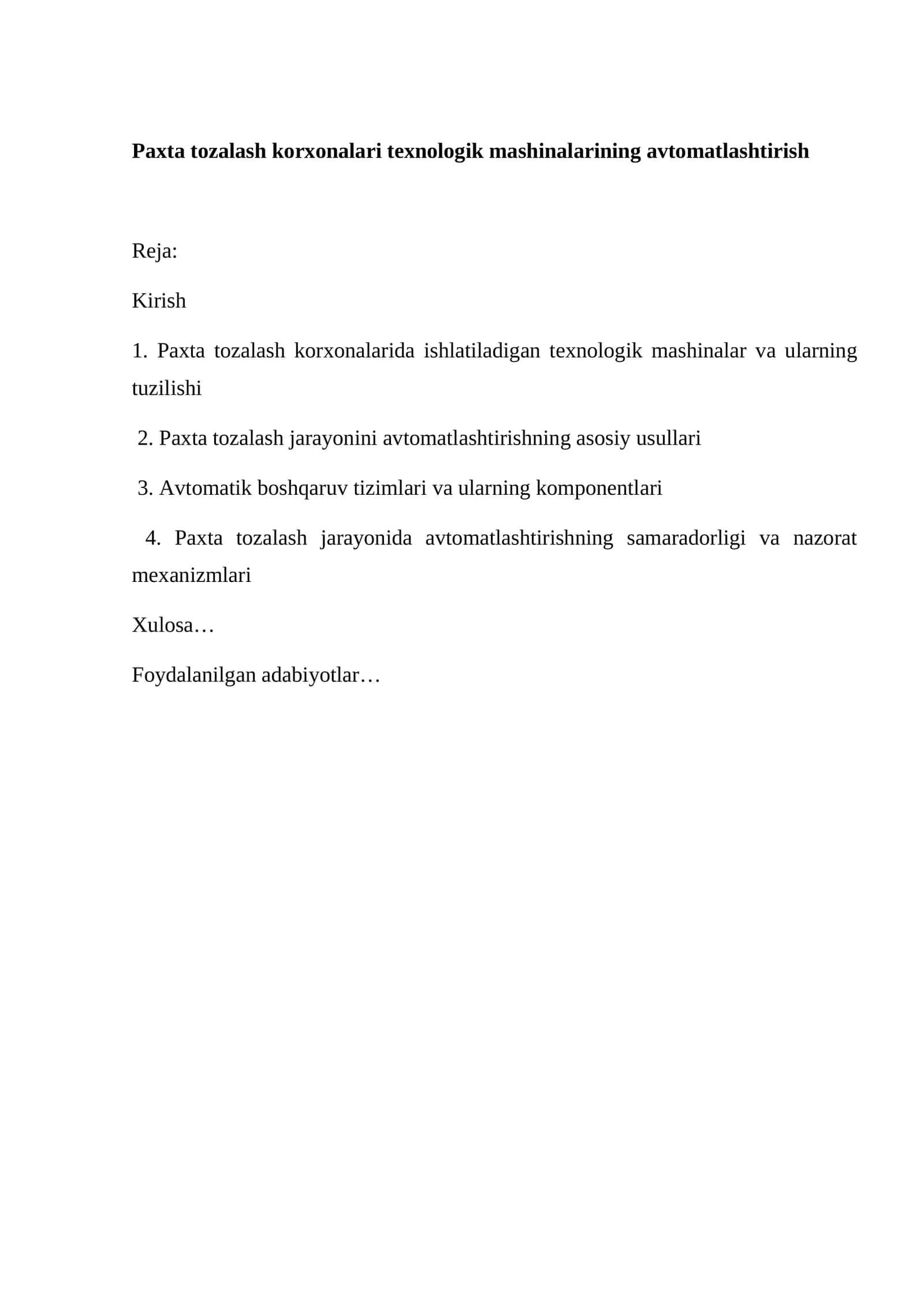 Paxta tozalash korxonalari texnologik mashinalarining avtomatlashtirish