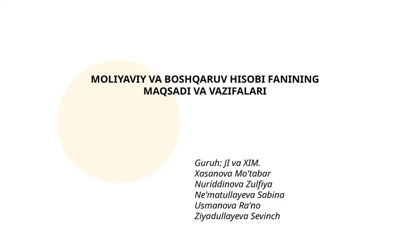 MOLIYAVIY VA BOSHQARUV HISOBI FANINING MAQSADI VA VAZIFALARI