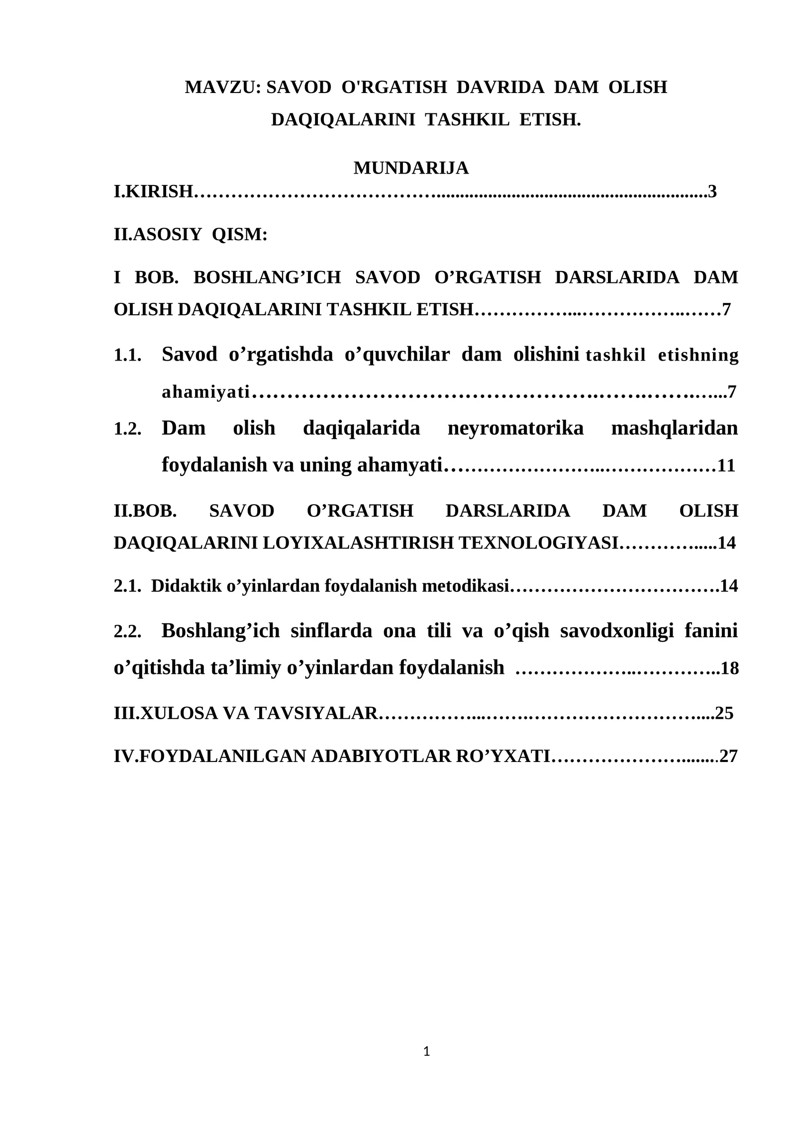 SAVOD O'RGATISH DAVRIDA DAM OLISH DAQIQALARINI TASHKIL ETISH