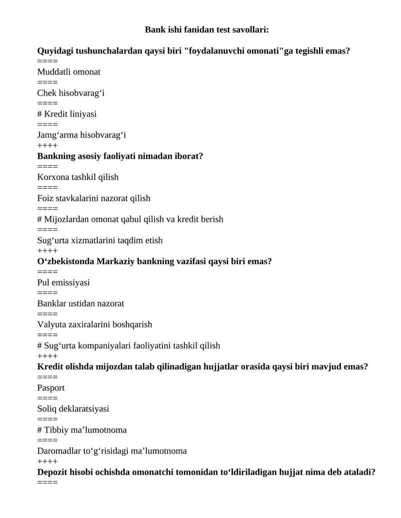 Bank ishi fanidan test savollari javoblari bilan