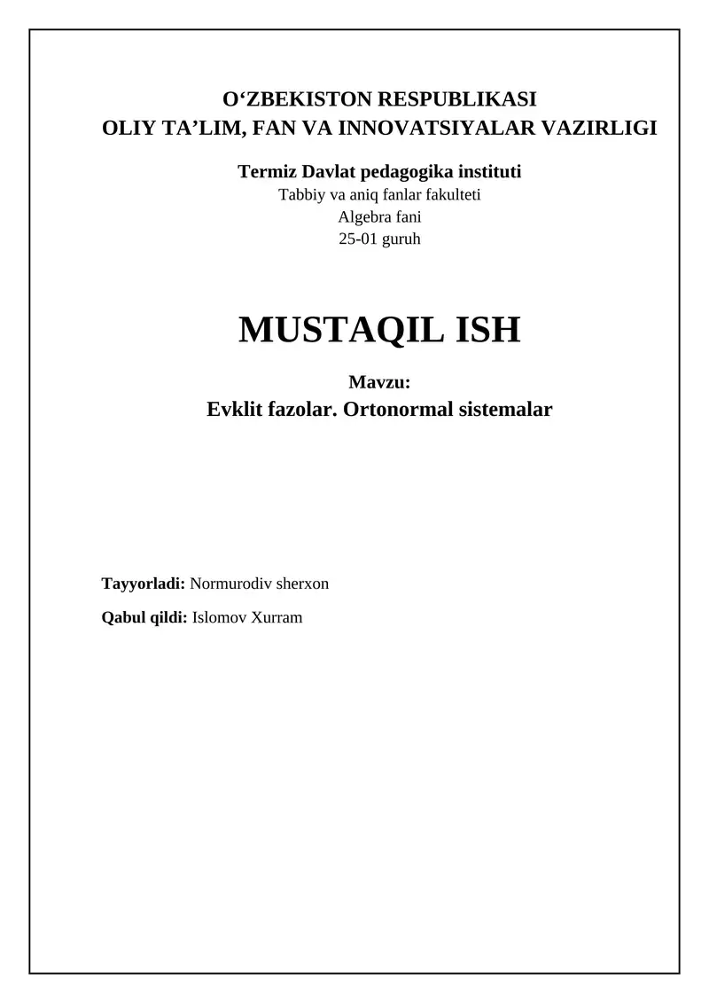 Evklid fazolari va Ortonormal sistemalar