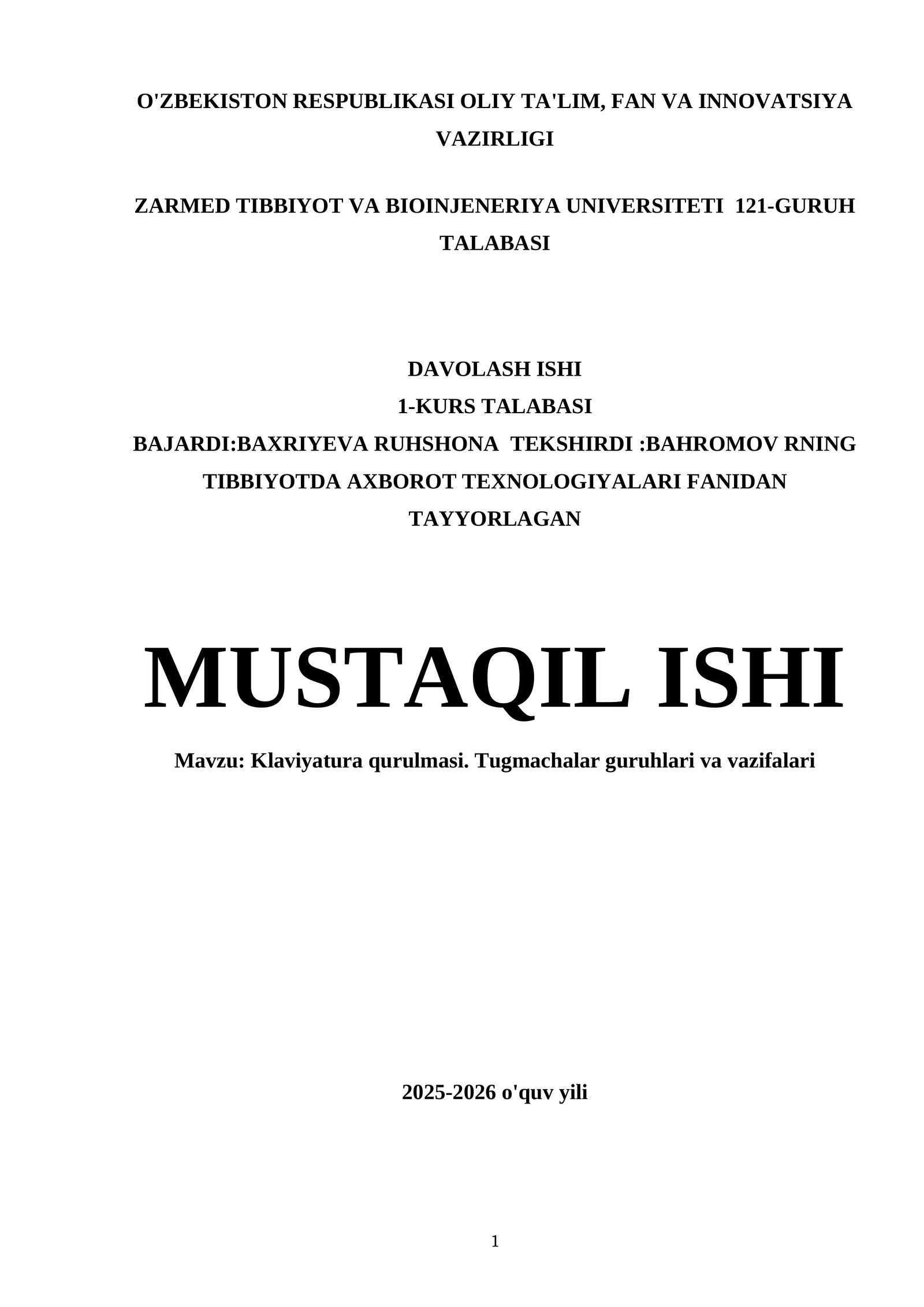 Klaviyatura qurulmasi. Tugmachalar guruhlari va vazifalari