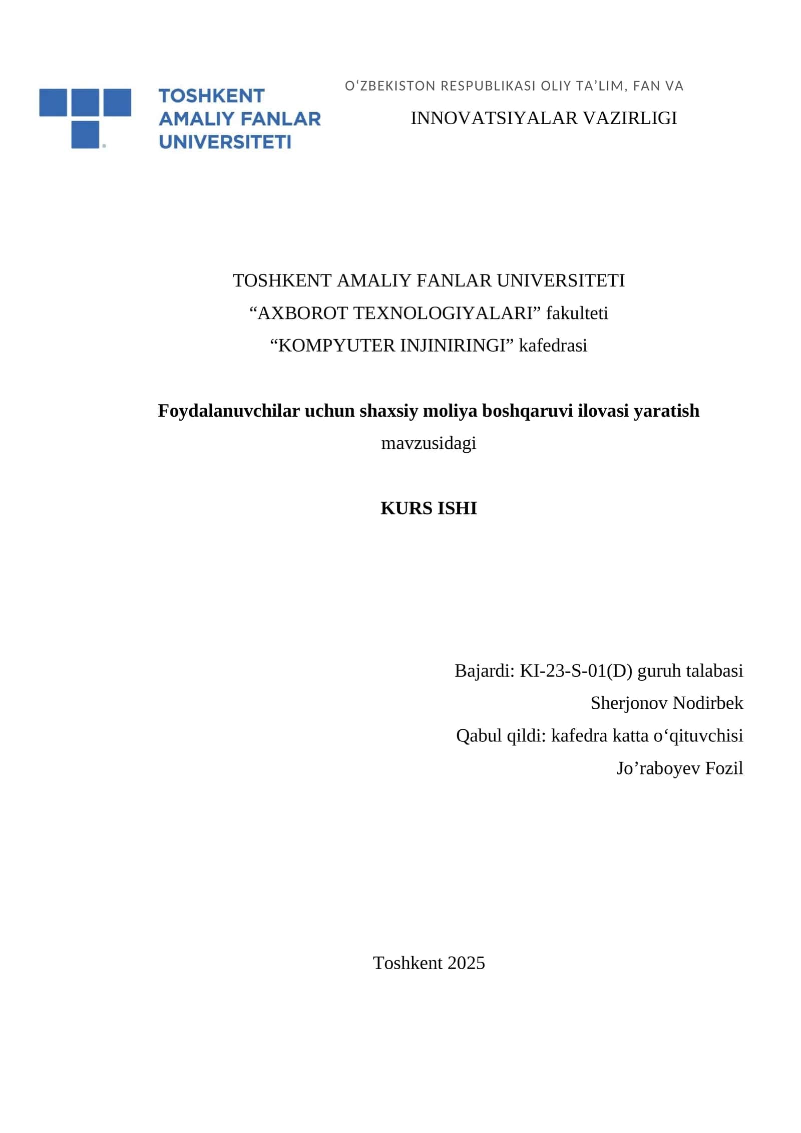 Shaxsiy moliya boshqaruvi ilovasi yaratish mavzusidagi KURS ISHI