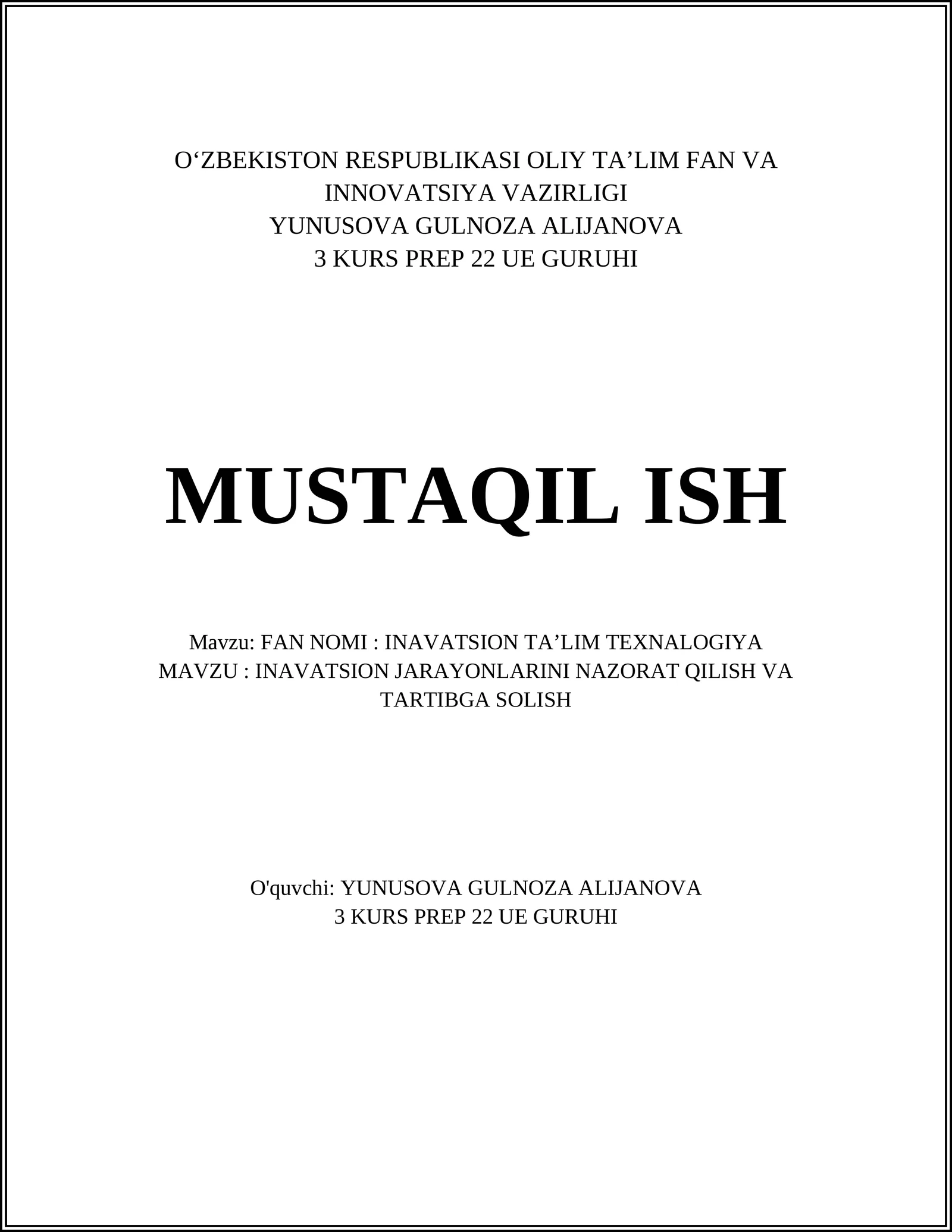 INAVATSION JARAYONLARINI NAZORAT QILISH VA TARTIBGA SOLISH