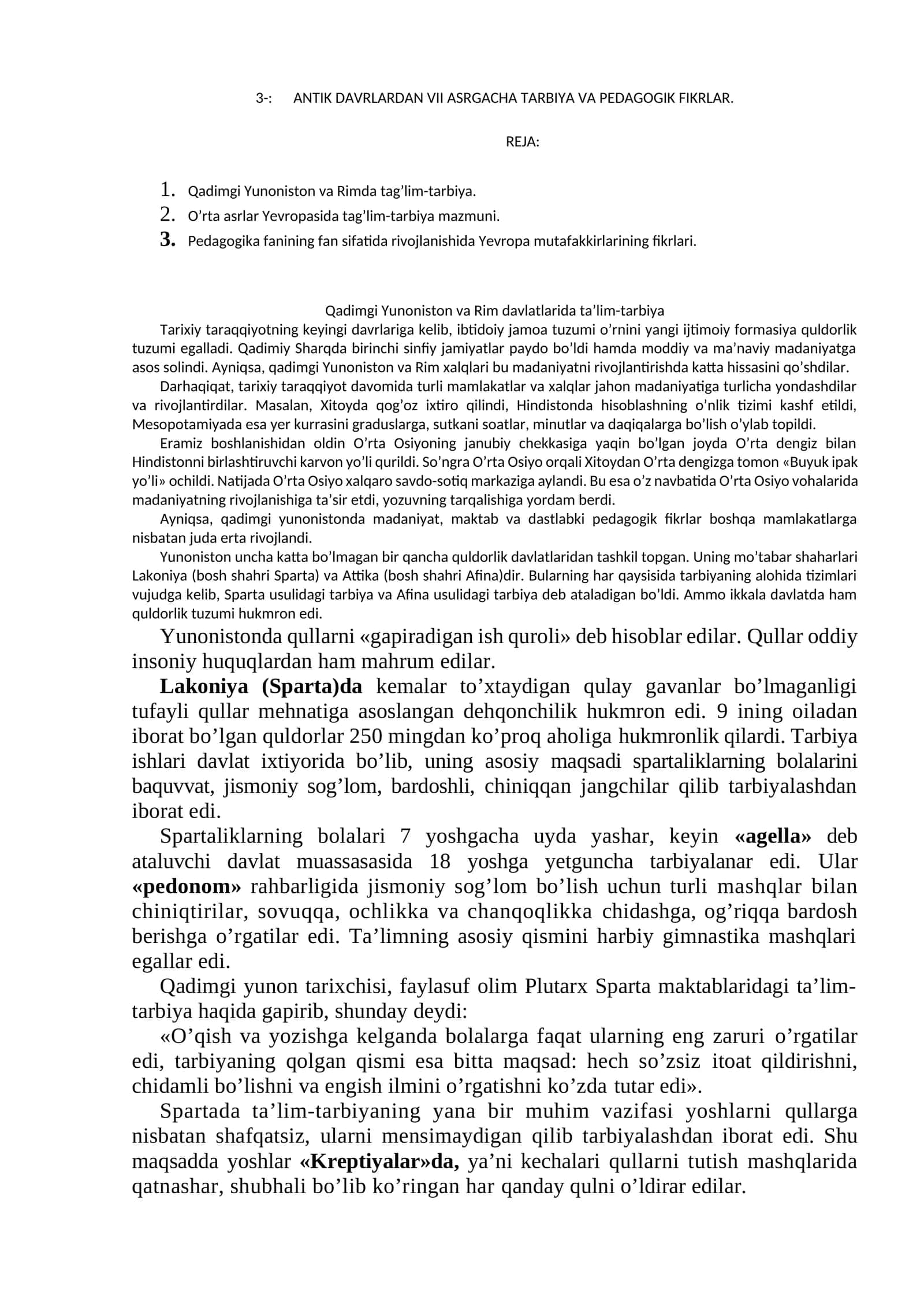 Qadimgi Yunoniston va Rimda tag’lim-tarbiya