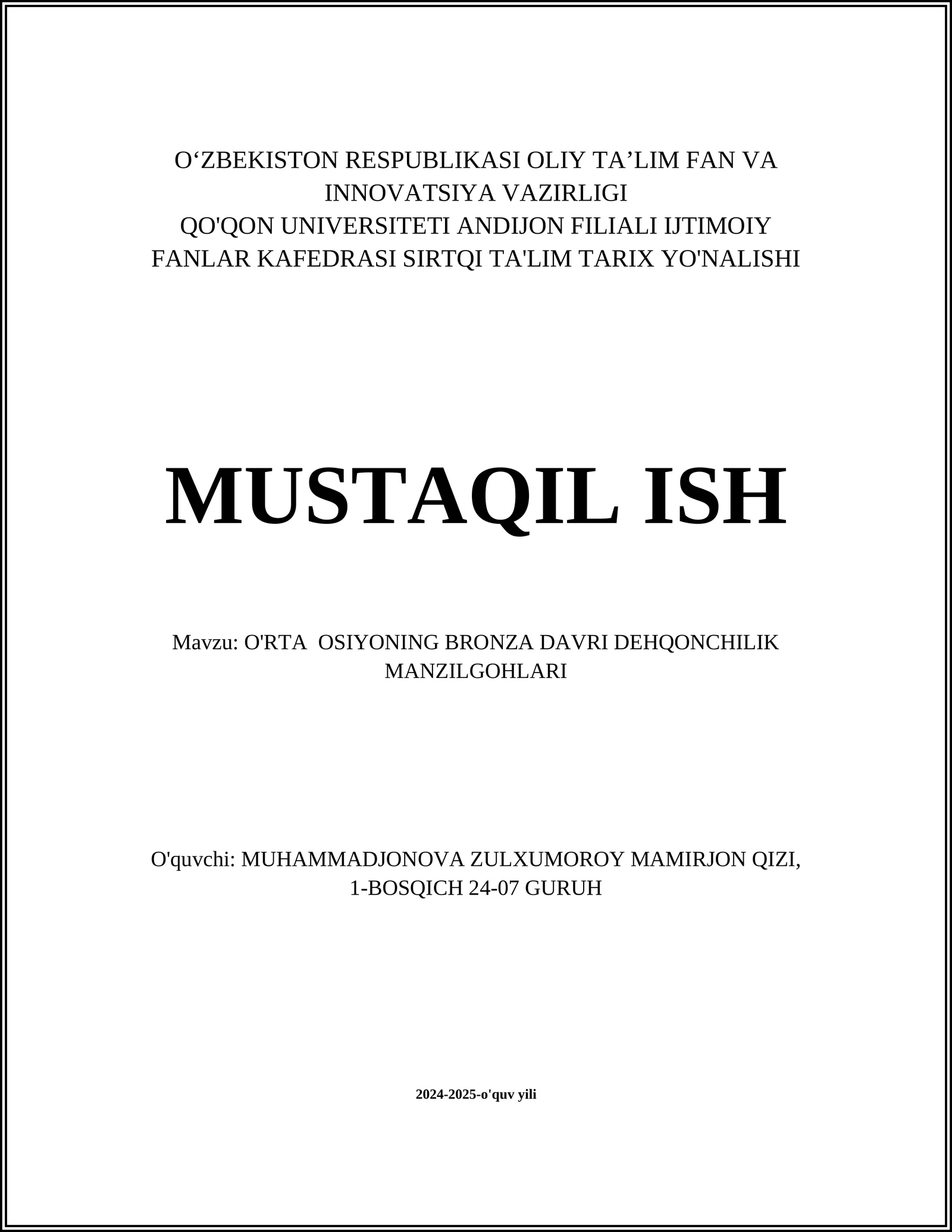 Bronza davri dehqonchilik manzilgohlarining arxeologik o‘rganilishi