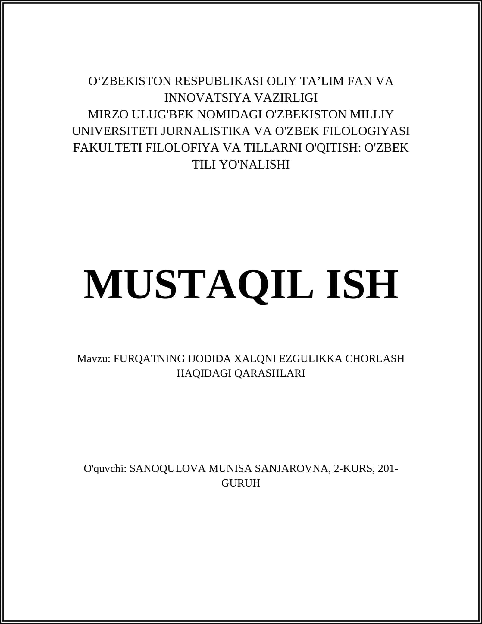Furqatning Ijodida Xalqni Ezgulikka Chorlash Haqidagi Qarashlari