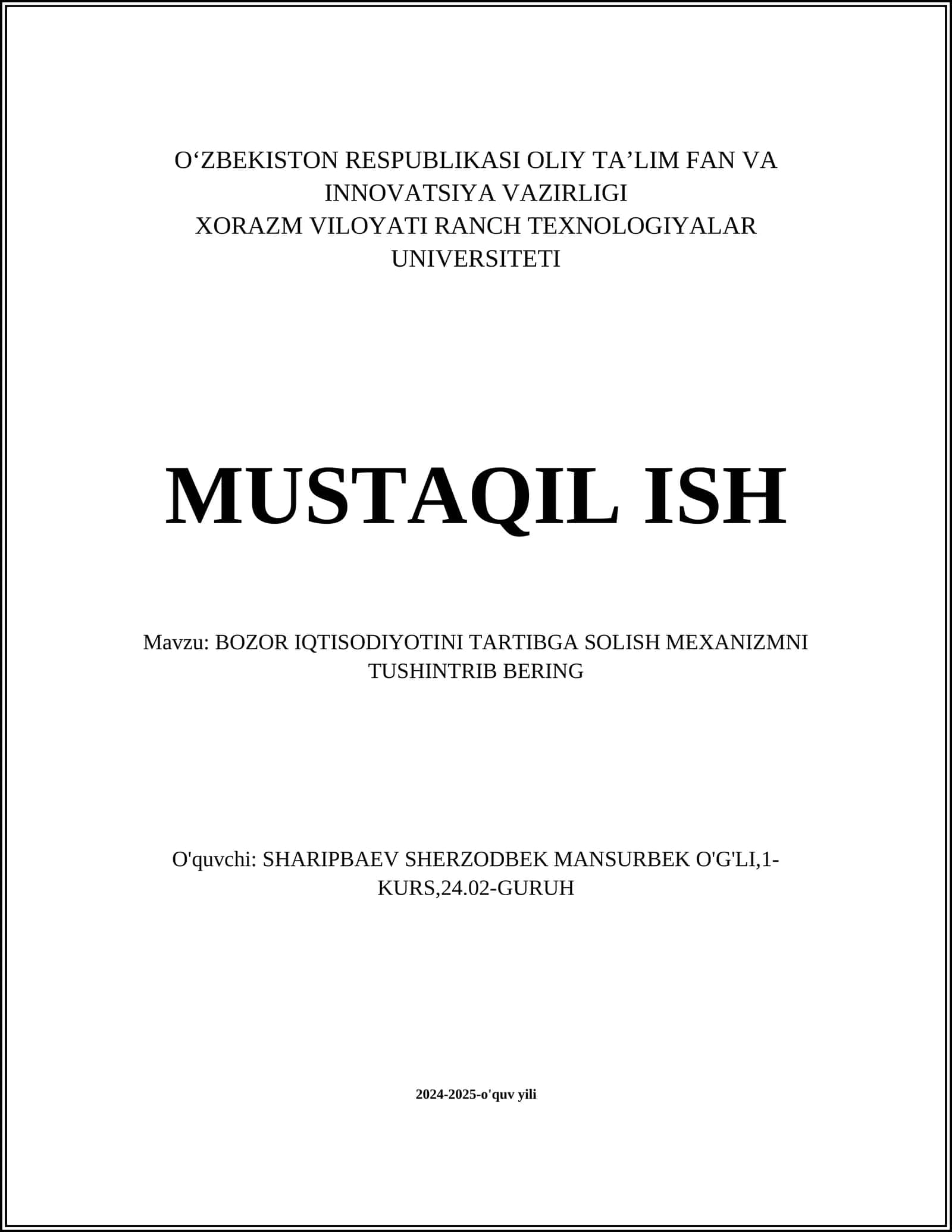 BOZOR IQTISODIYOTINI TARTIBGA SOLISH MEXANIZM