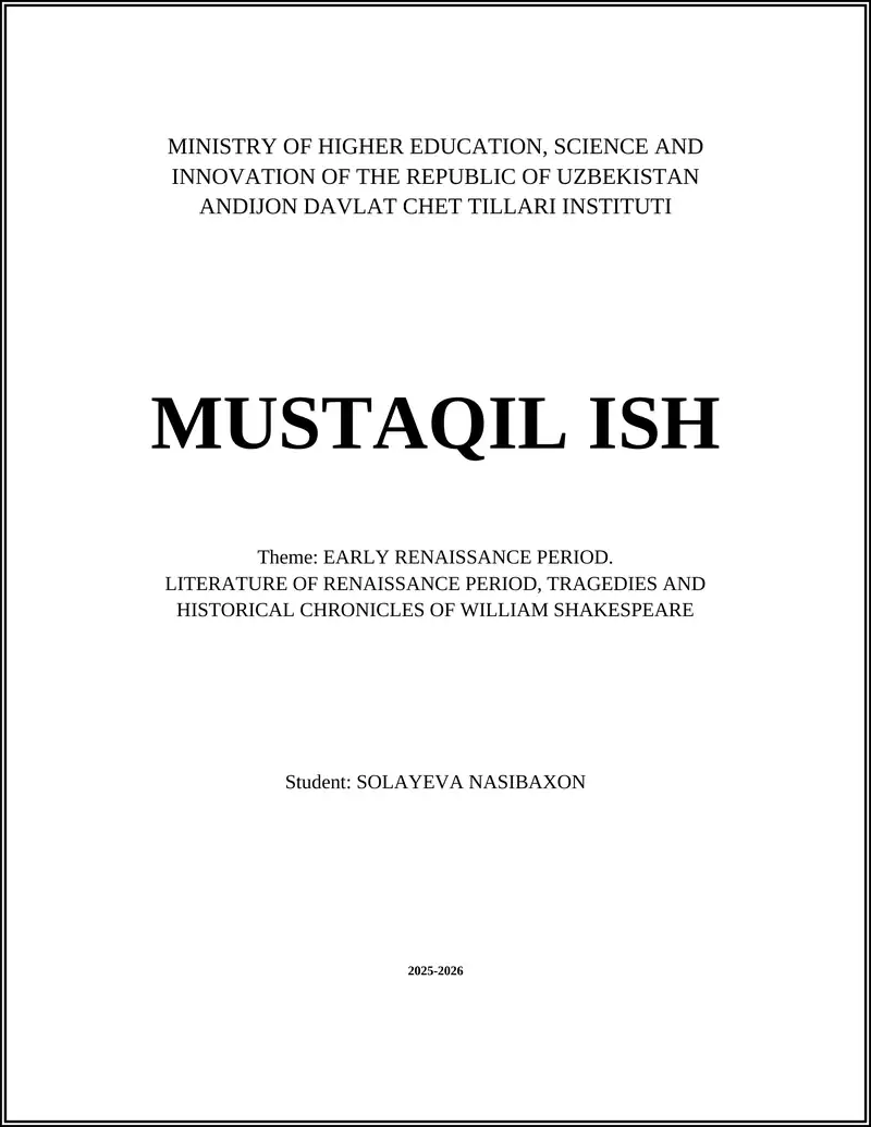 LITERATURE OF RENAISSANCE PERIOD
