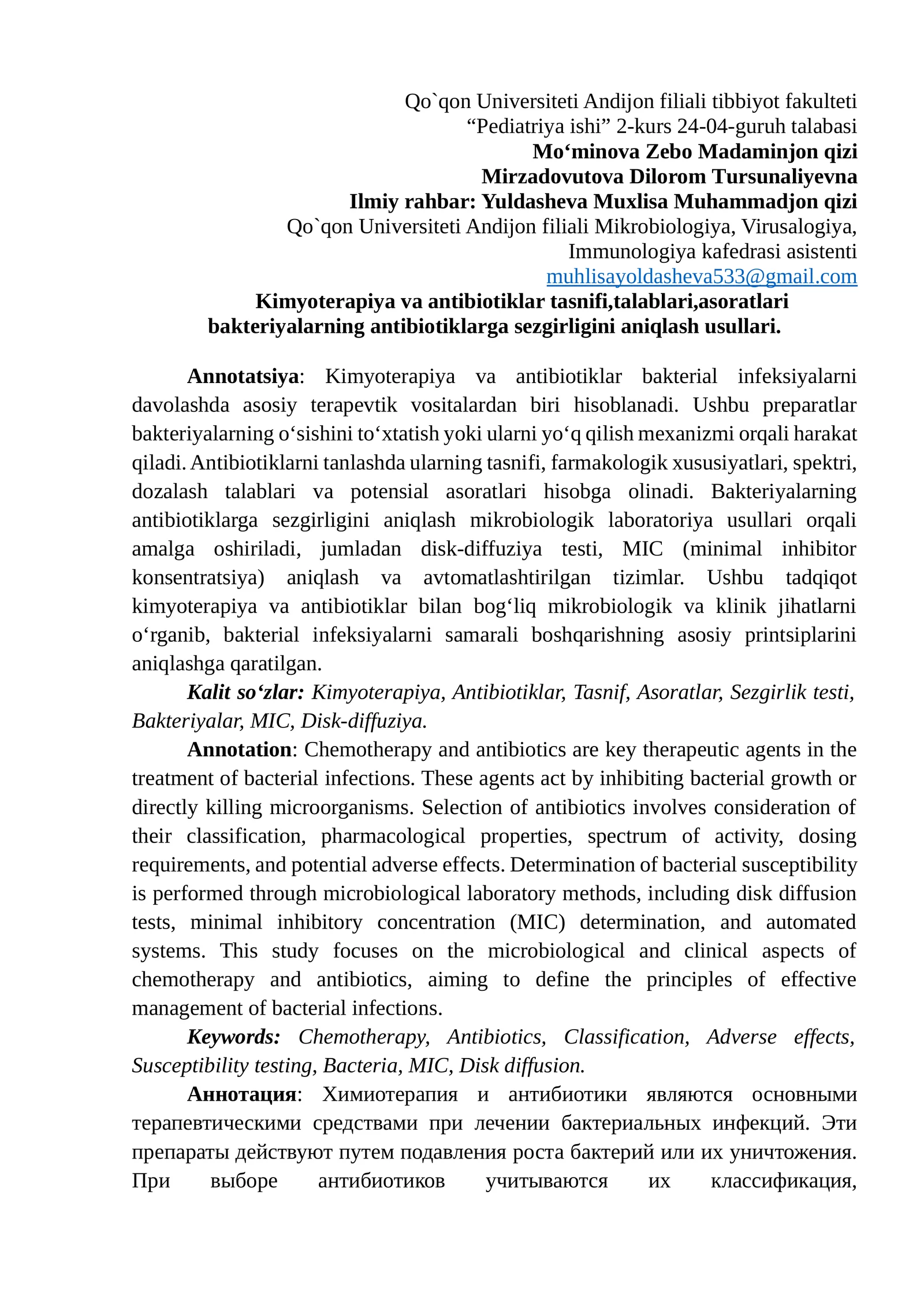 Kimyoterapiya va antibiotiklar tasnifi