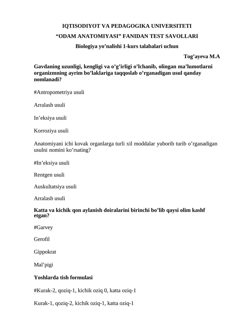 “ODAM ANATOMIYASI” FANIDAN TEST SAVOLLARI