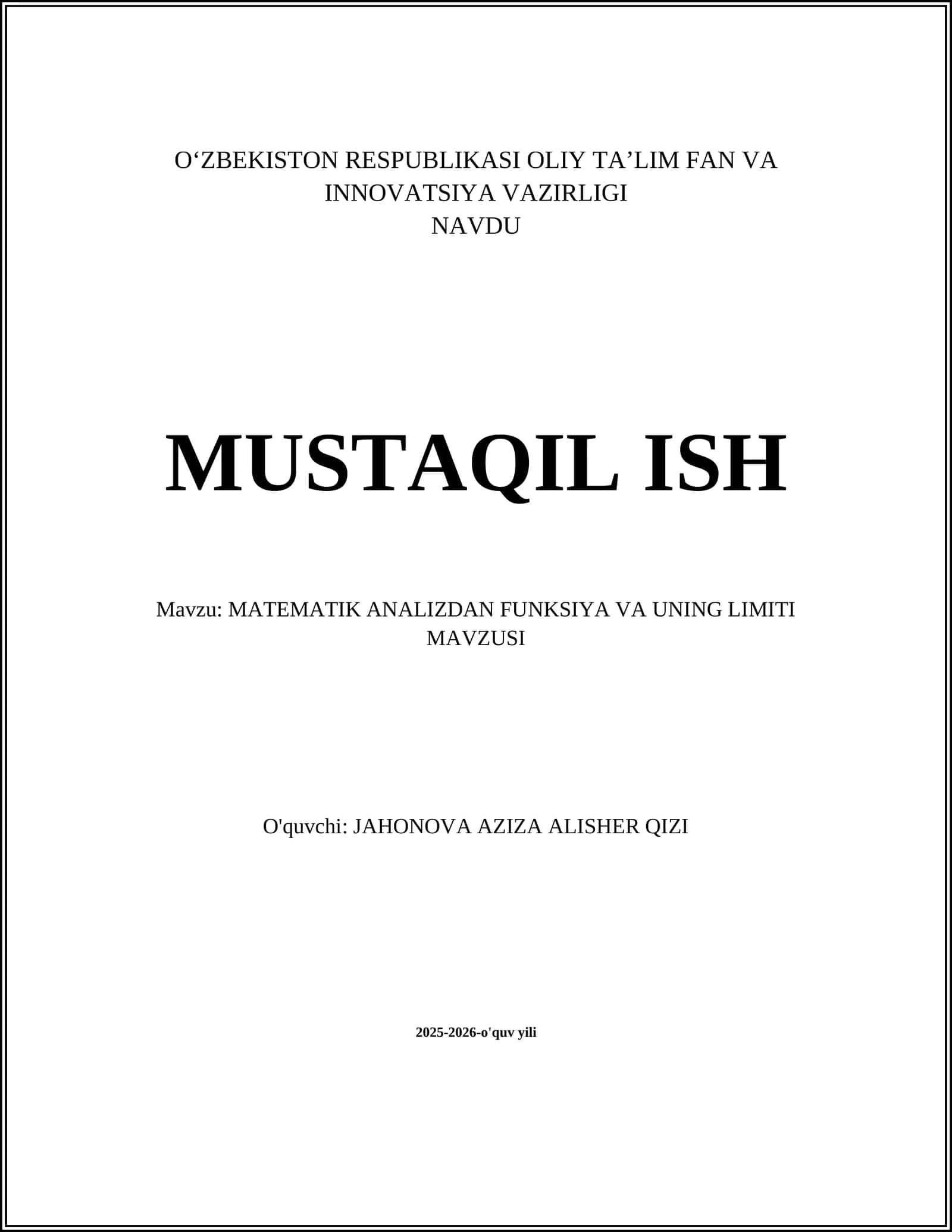 MATEMATIK ANALIZDAN FUNKSIYA VA UNING LIMITI MAVZUSI