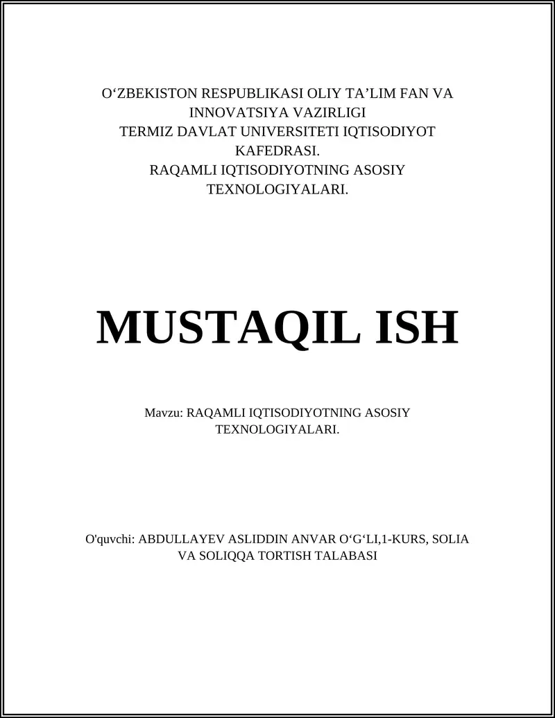 RAQAMLI IQTISODIYOTNING ASOSIY TEXNOLOGIYALARI