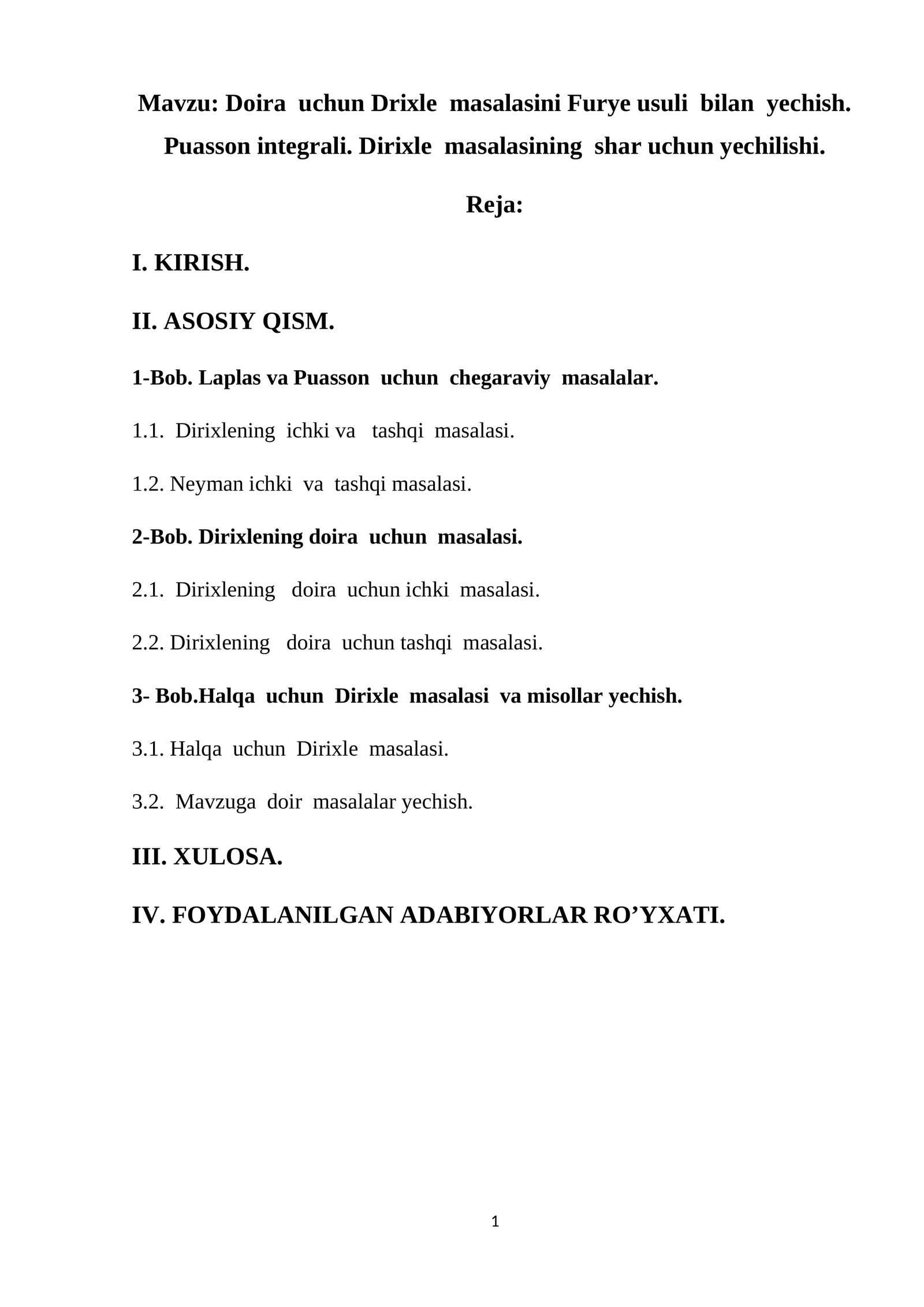 Doira uchun Drixle masalasini Furye usuli bilan yechish. Puasson integrali. Dirixle masalasining shar uchun yechilishi