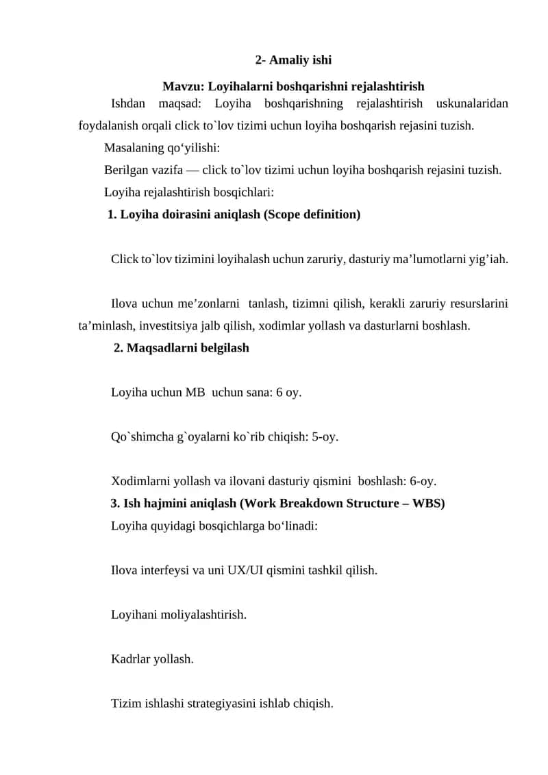 Loyihalarni boshqarishni rejalashtirish