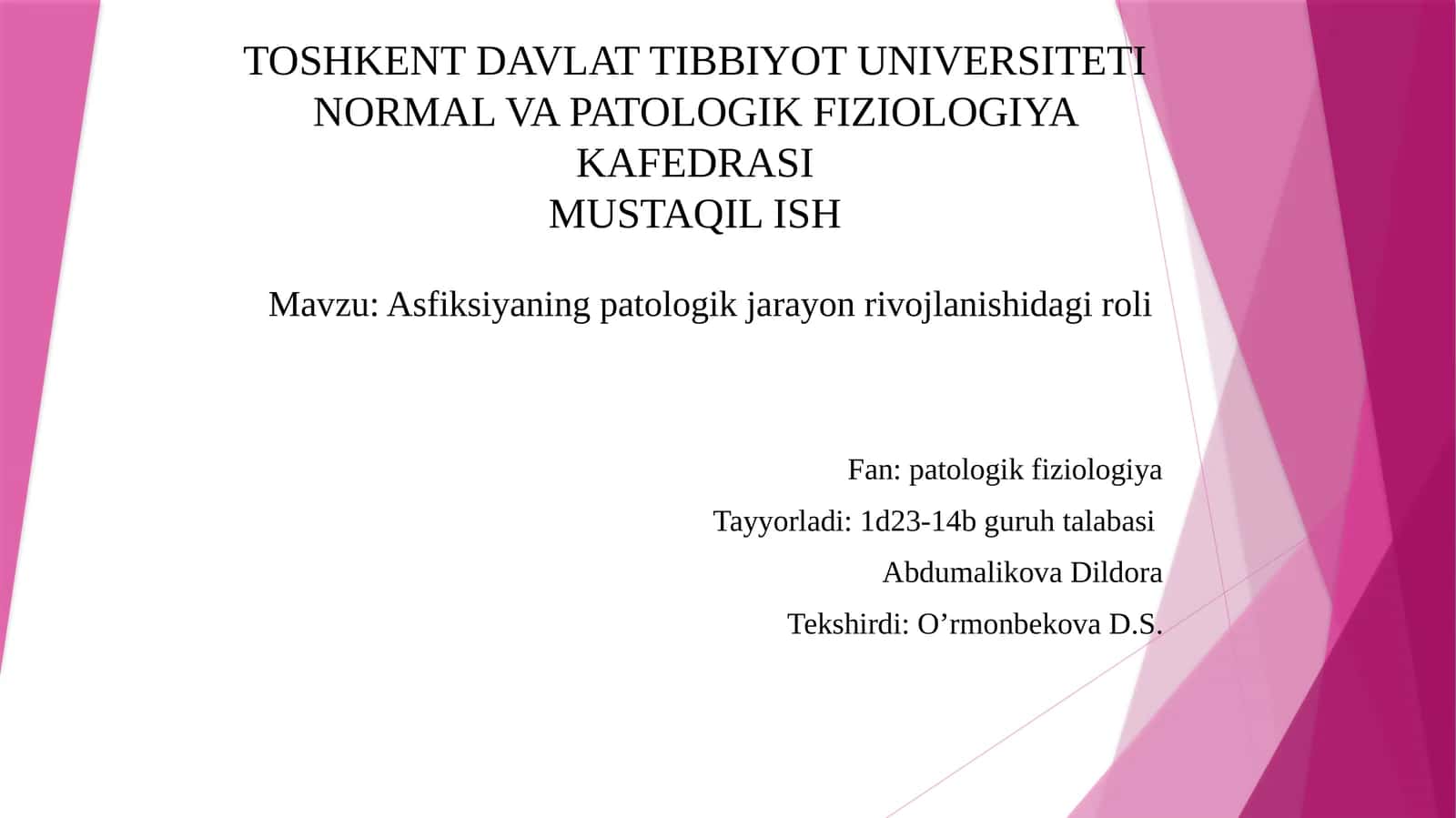 Asfiksiyaning patologik jarayon rivojlanishi davriga roli