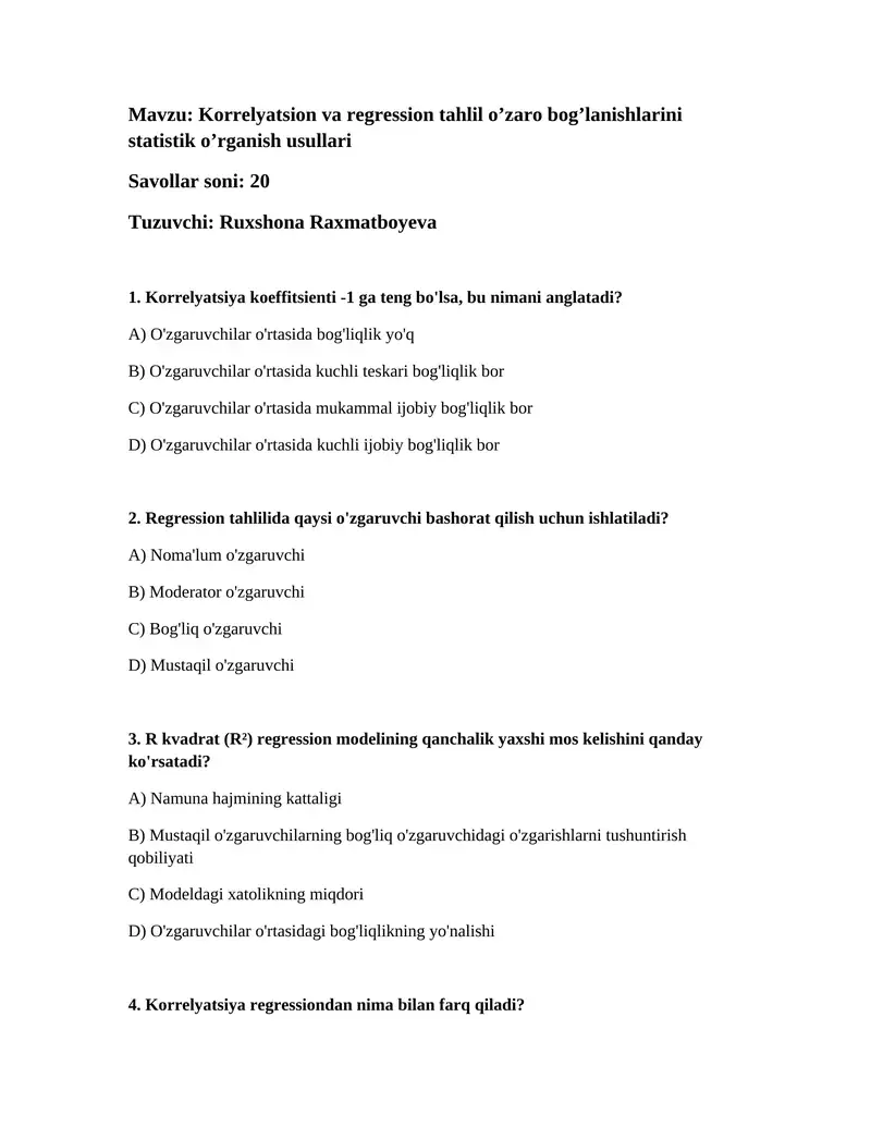 Korrelyatsion va regression tahlil o’zaro bog’lanishlarini statistik o’rganish usullari