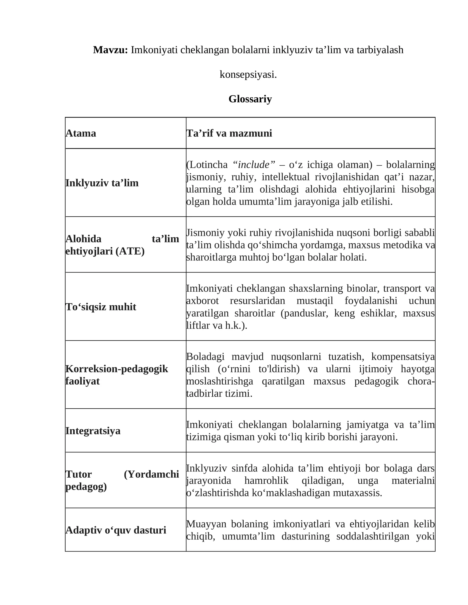 Imkoniyati cheklangan bolalarni inklyuziv ta’lim va tarbiyalash konsepsiyasi