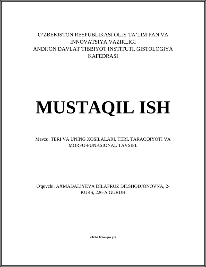 TERI VA UNING XOSILALARI. TERI, TARAQQIYOTI VA MORFO-FUNKSIONAL TAVSIFI