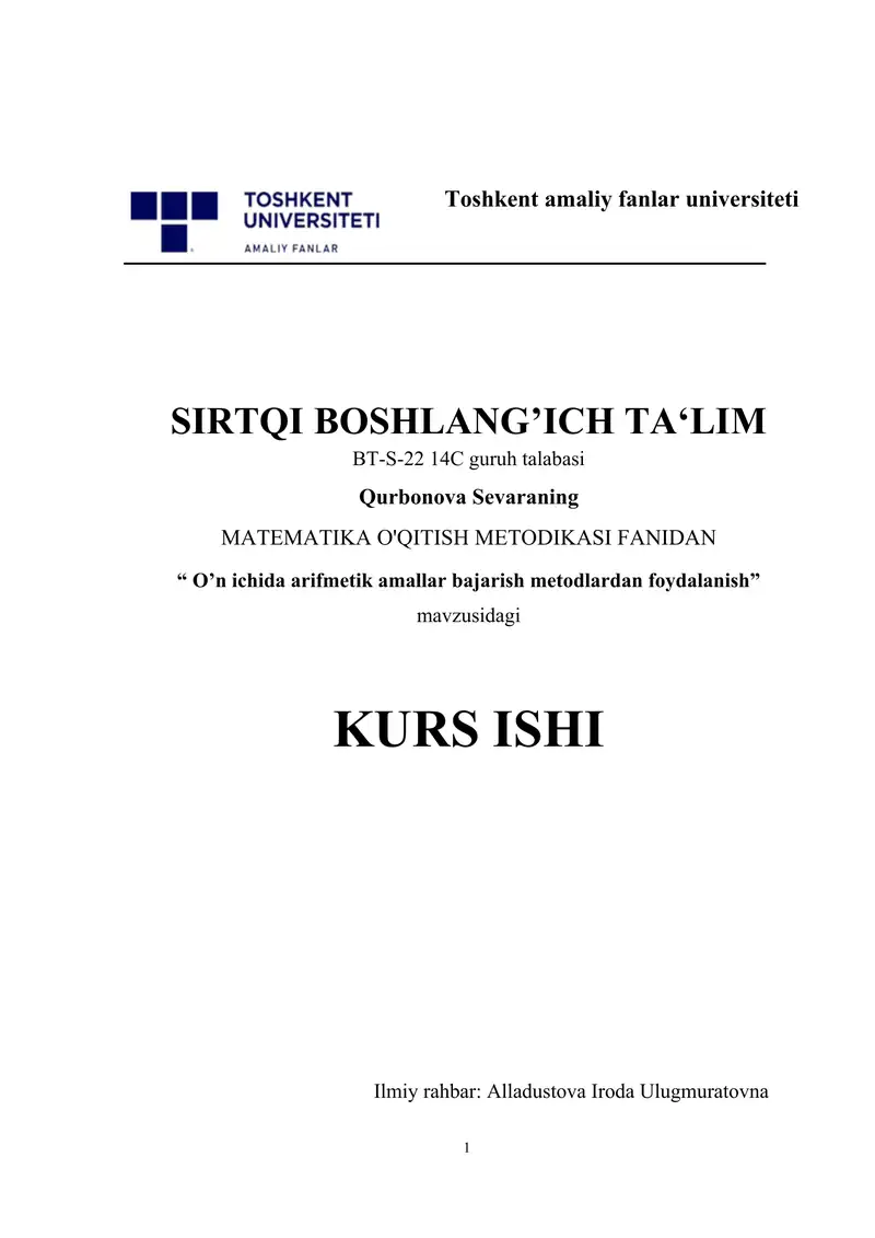 O’n ichida arifmetik amallar bajarish metodlardan foydalanish