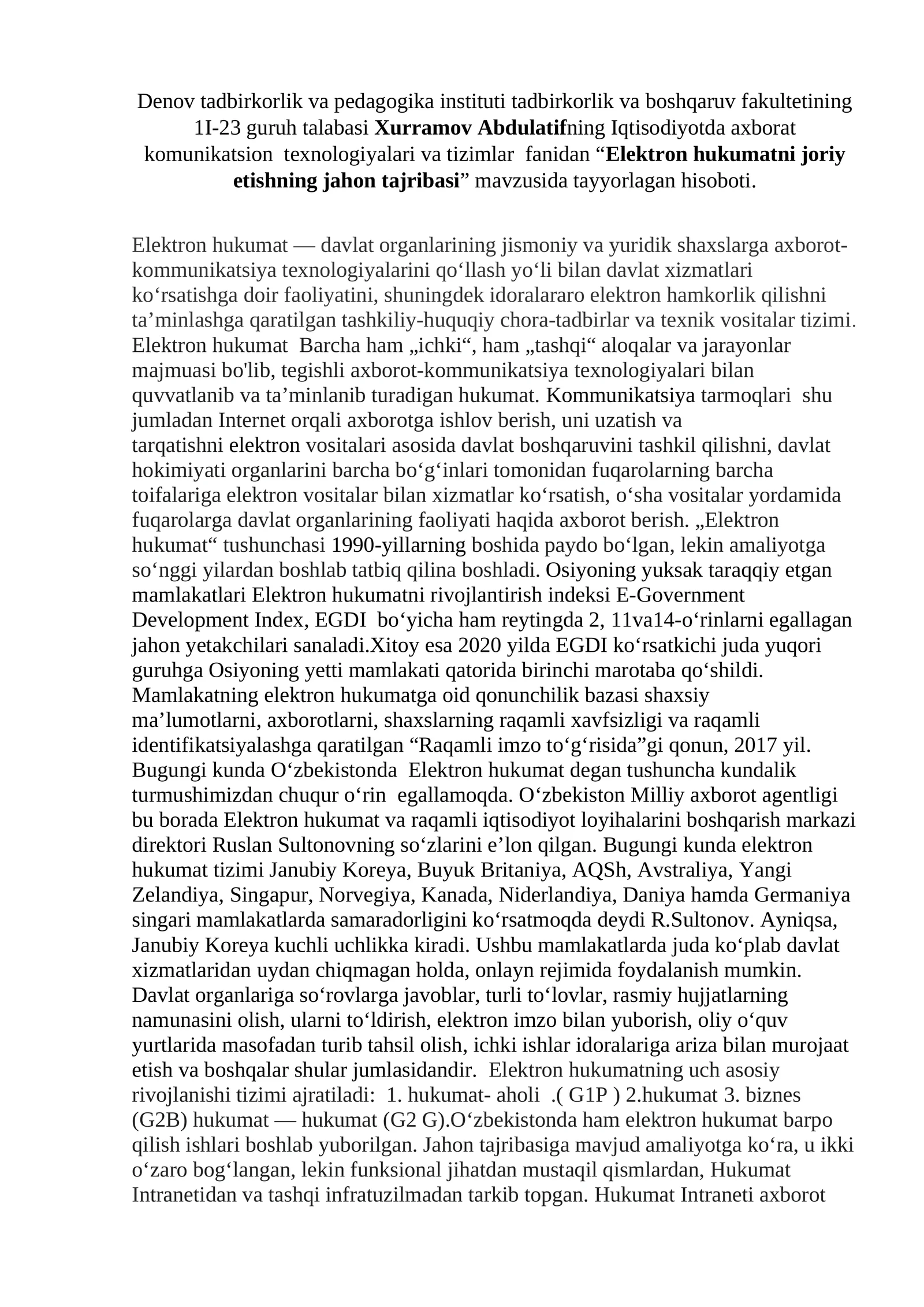 Elektron hukumatni joriy etishning jahon tajribasi