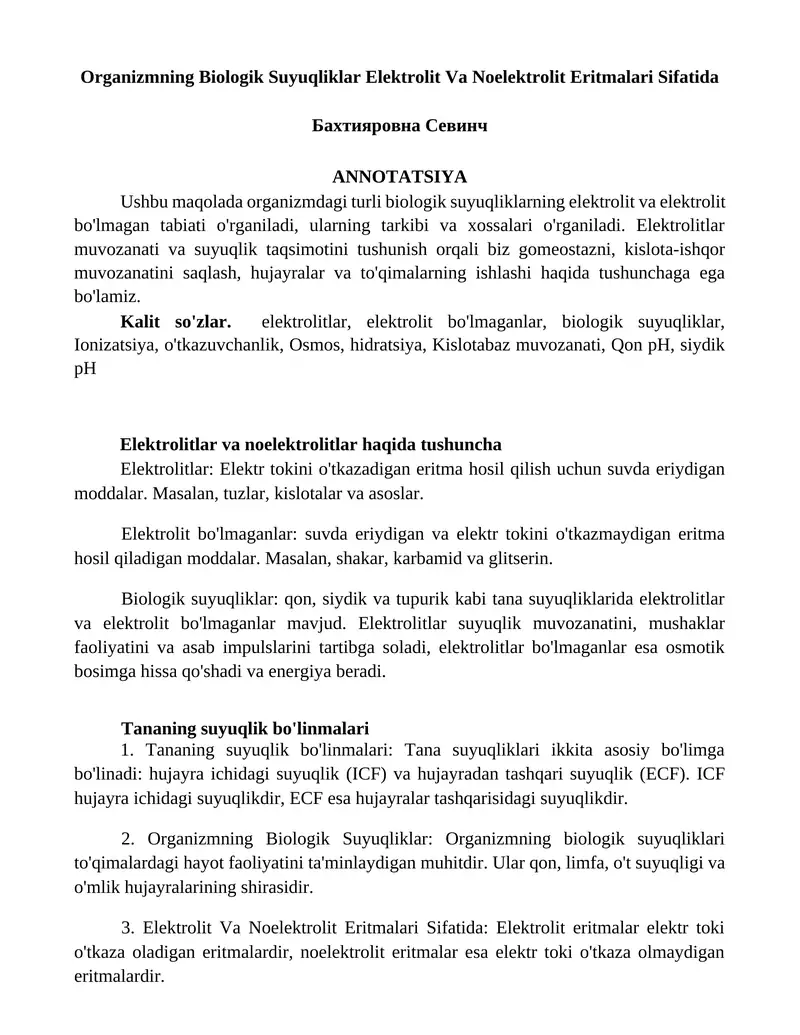 Organizmning Biologik Suyuqliklar Elektrolit Va Noelektrolit Eritmalari Sifatida