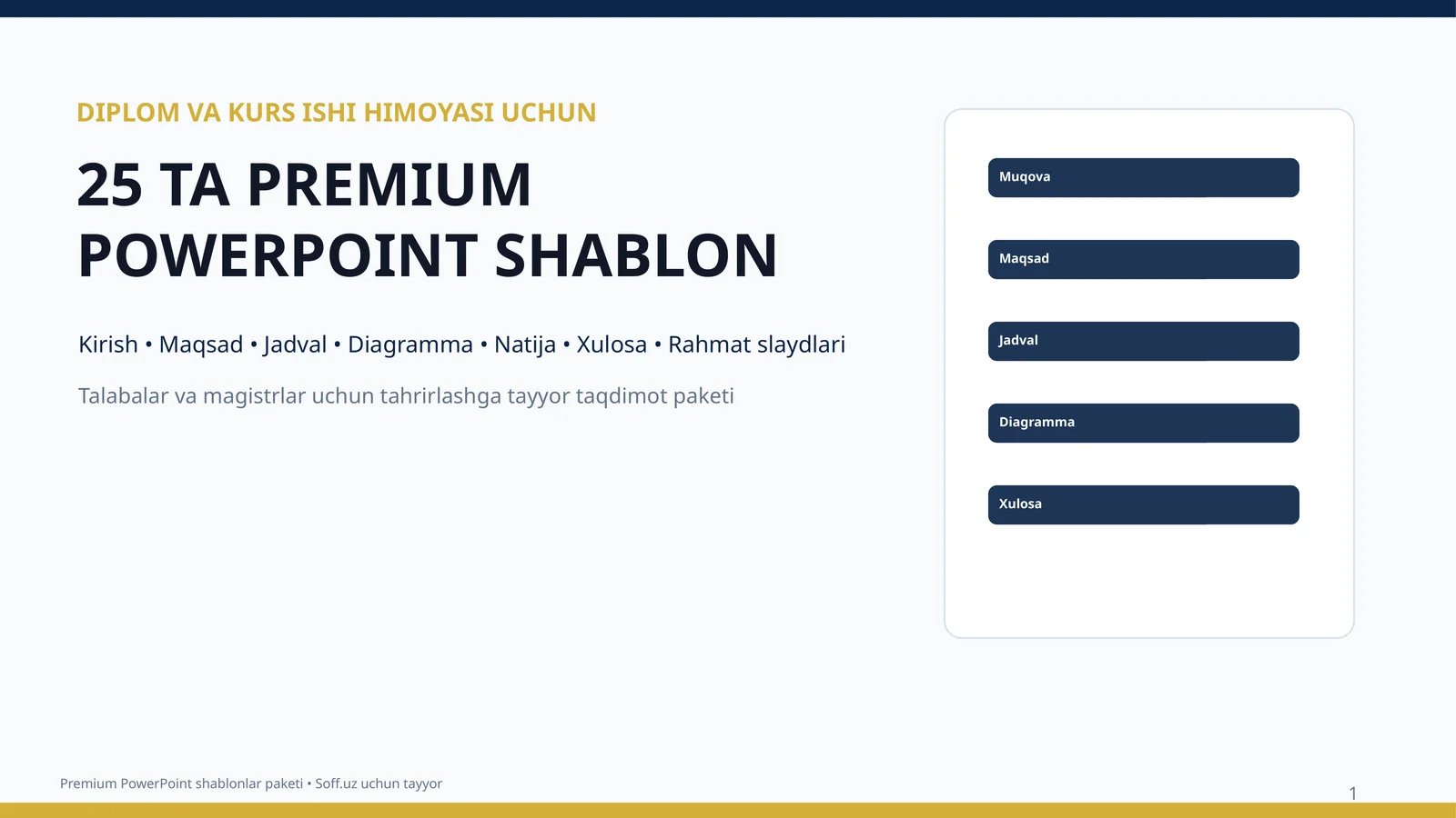 DIPLOM VA KURS ISHI HIMOYASI UCHUN 25 TA PREMIUM POWERPOINT SHABLON