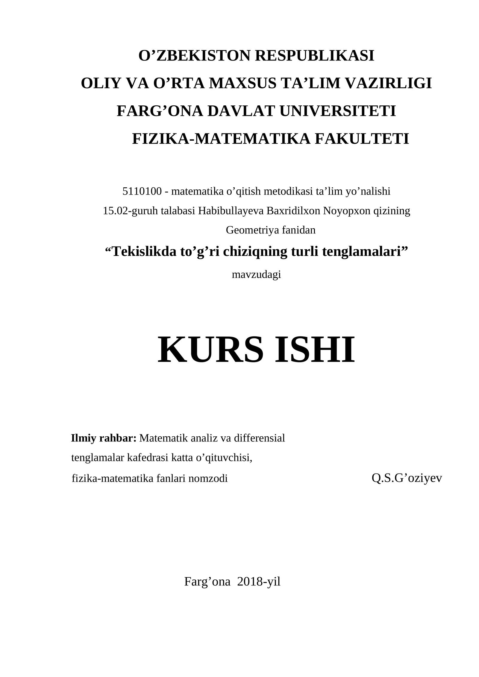 Matematika o’qitish metodikasi ta’lim yo’nalishi KURS ISHI