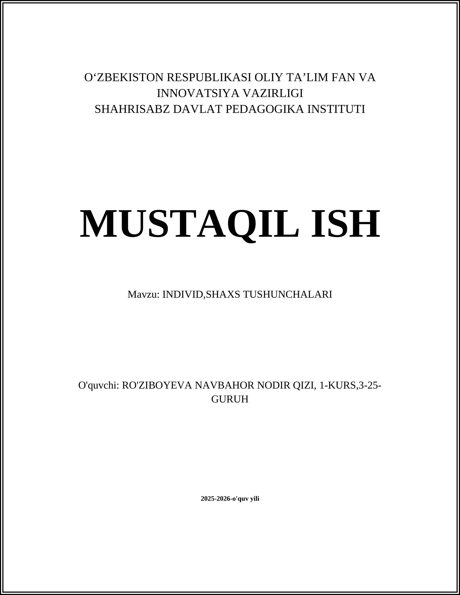 INDIVID, SHAXS TUSHUNCHALARI