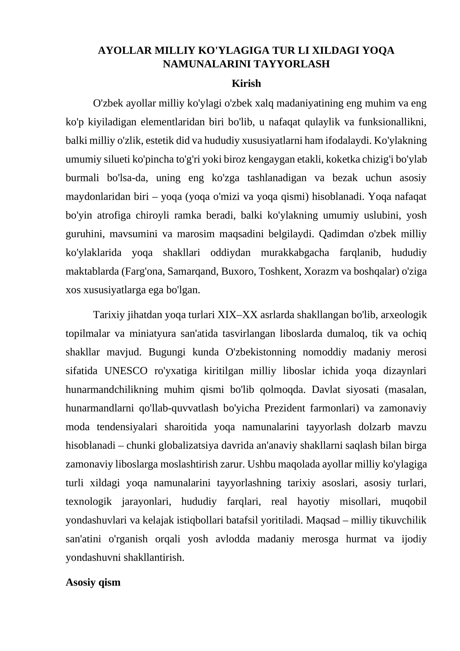 Ayollar milliy ko'ylagiga turli xildagi yoqa namunalarini tayyorlash