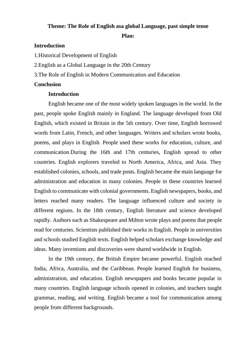 The Role of English asa global Language, past simple tense