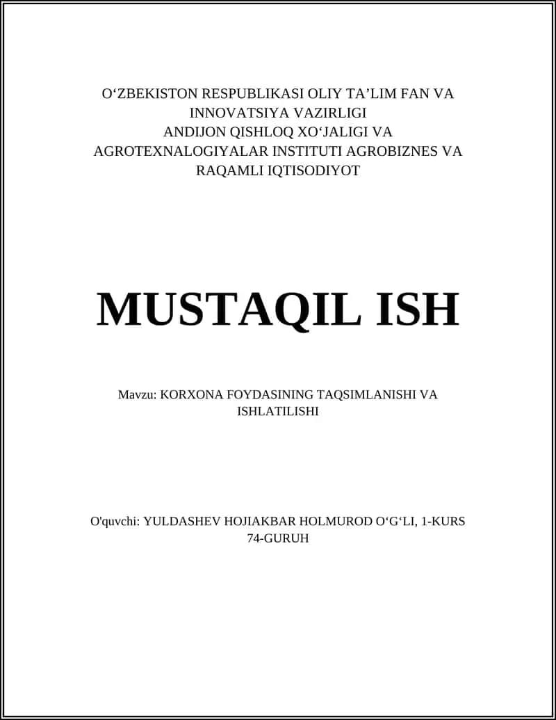 KORXONA FOYDASINING TAQSIMLANISHI VA ISHLATILISHI
