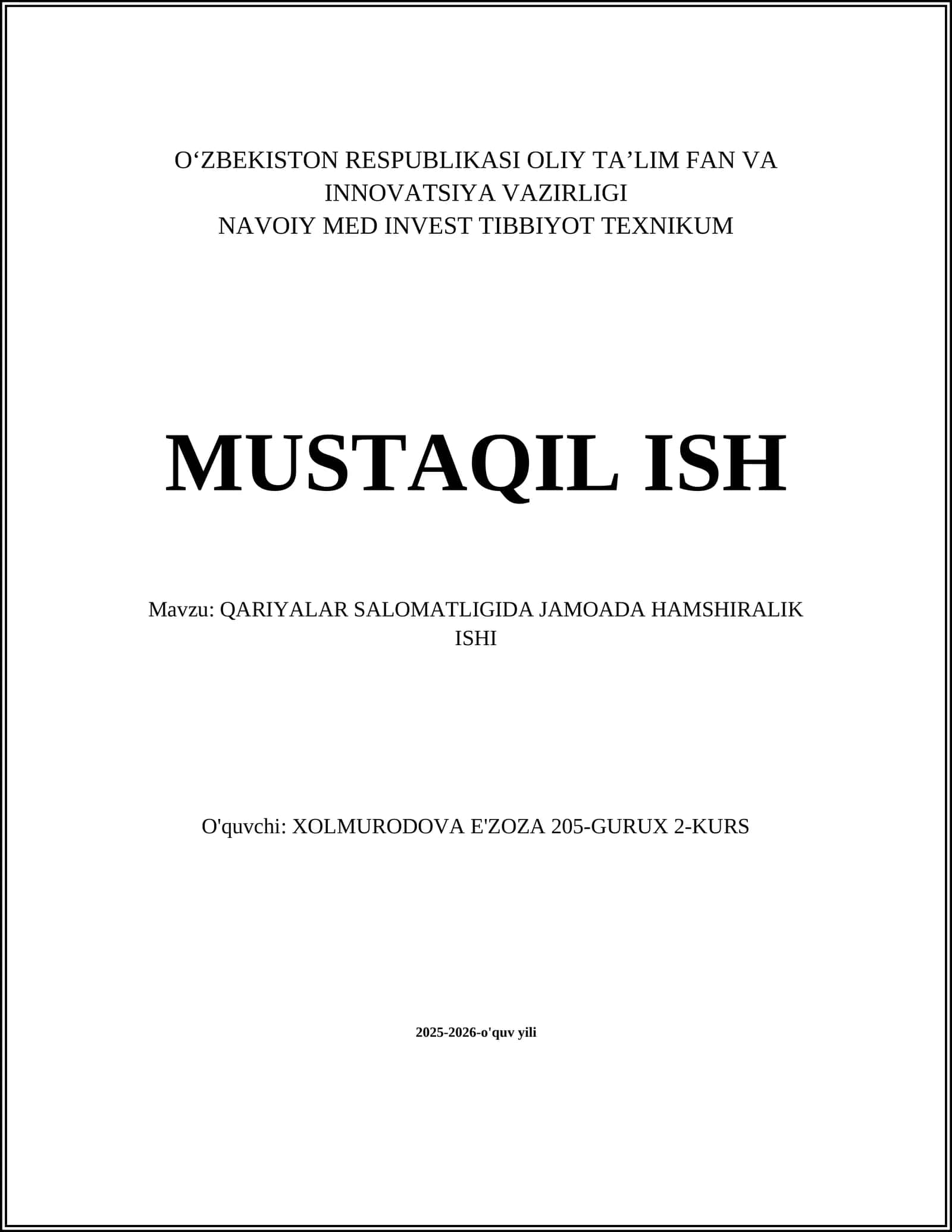 QARIYALAR SALOMATLIGIDA JAMOADA HAMSHIRALIK ISHI
