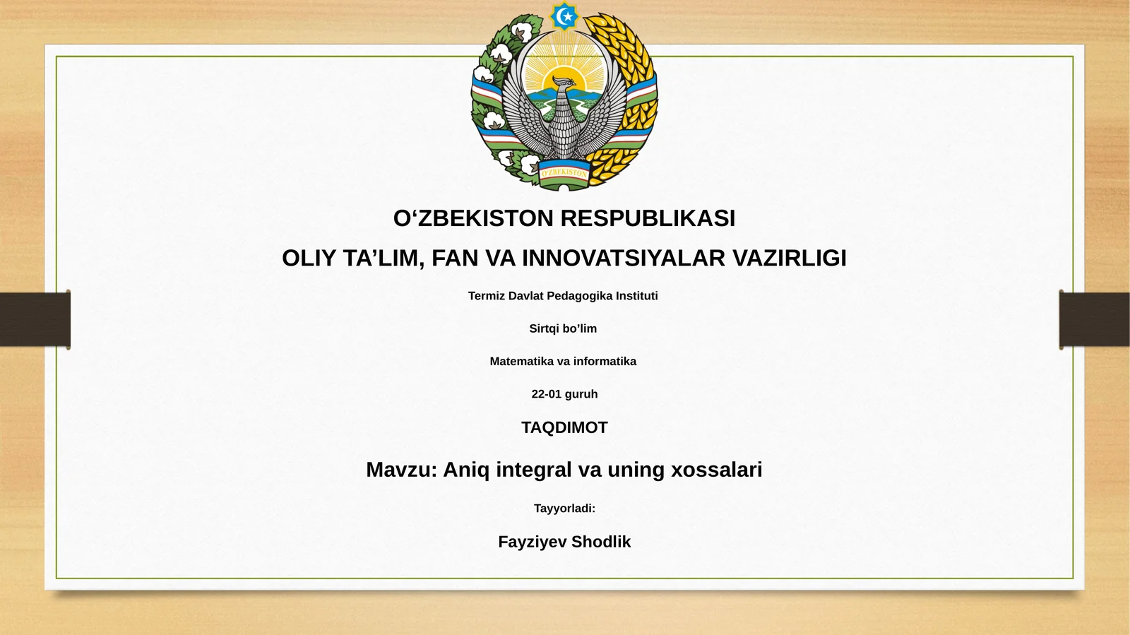 Aniq integral va uning xossalari