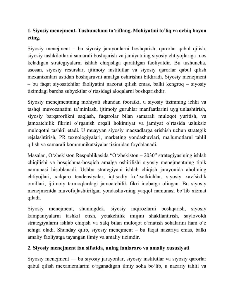 Siyosiy menejment savollar toʻplami