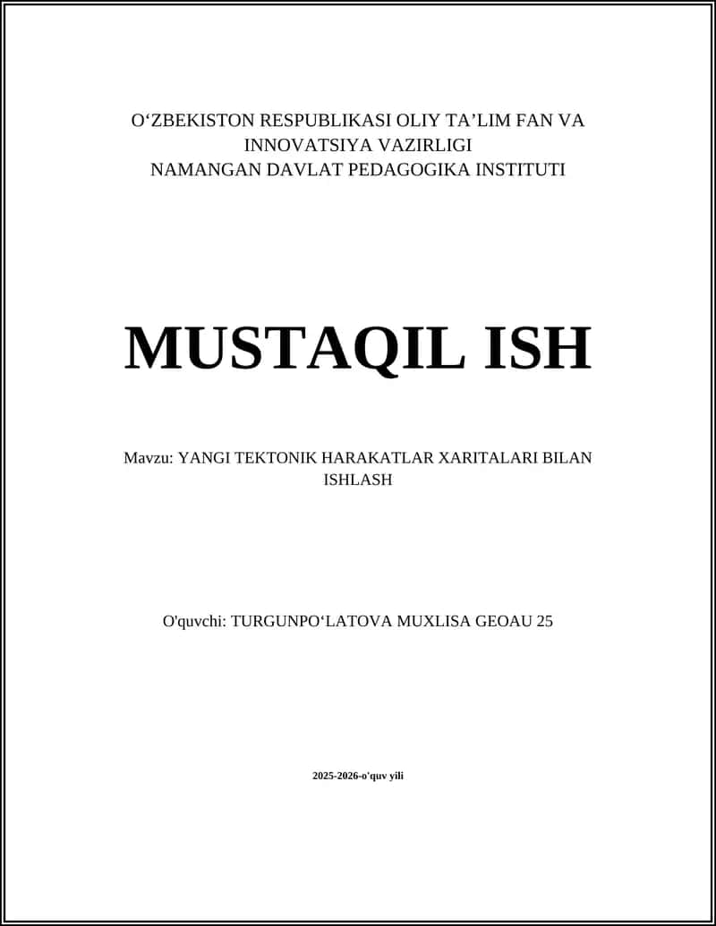 YANGI TEKTONIK HARAKATLAR XARITALARI BILAN ISHLASH